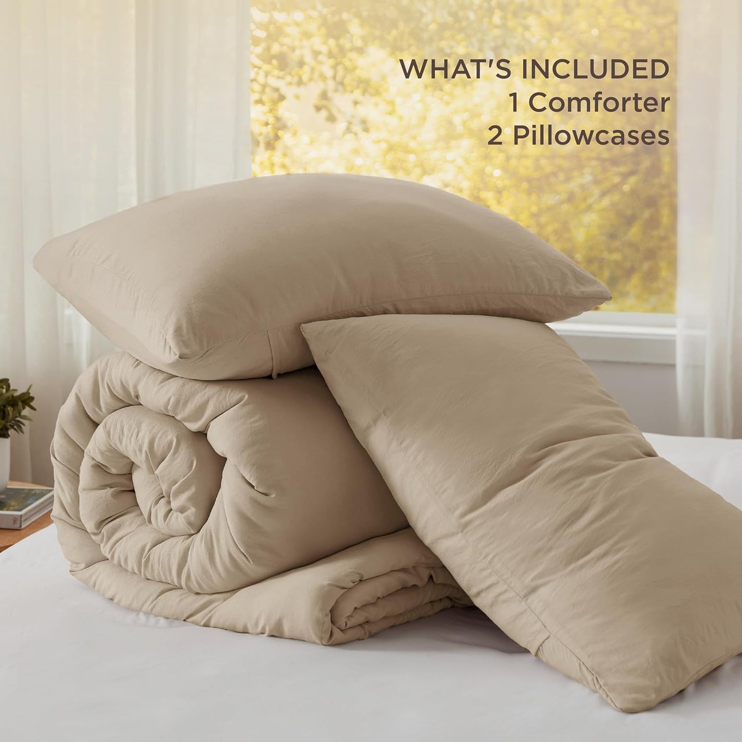 Bedsure Oversized Queen Size Comforter Set, Khaki Soft Prewashed Bedding for All Seasons, 3 Pieces GentleSoft™ Down Alternative Bed Set, 1 Lightweight Comforter (98"x98") and 2 Pillowcases (20"x26")