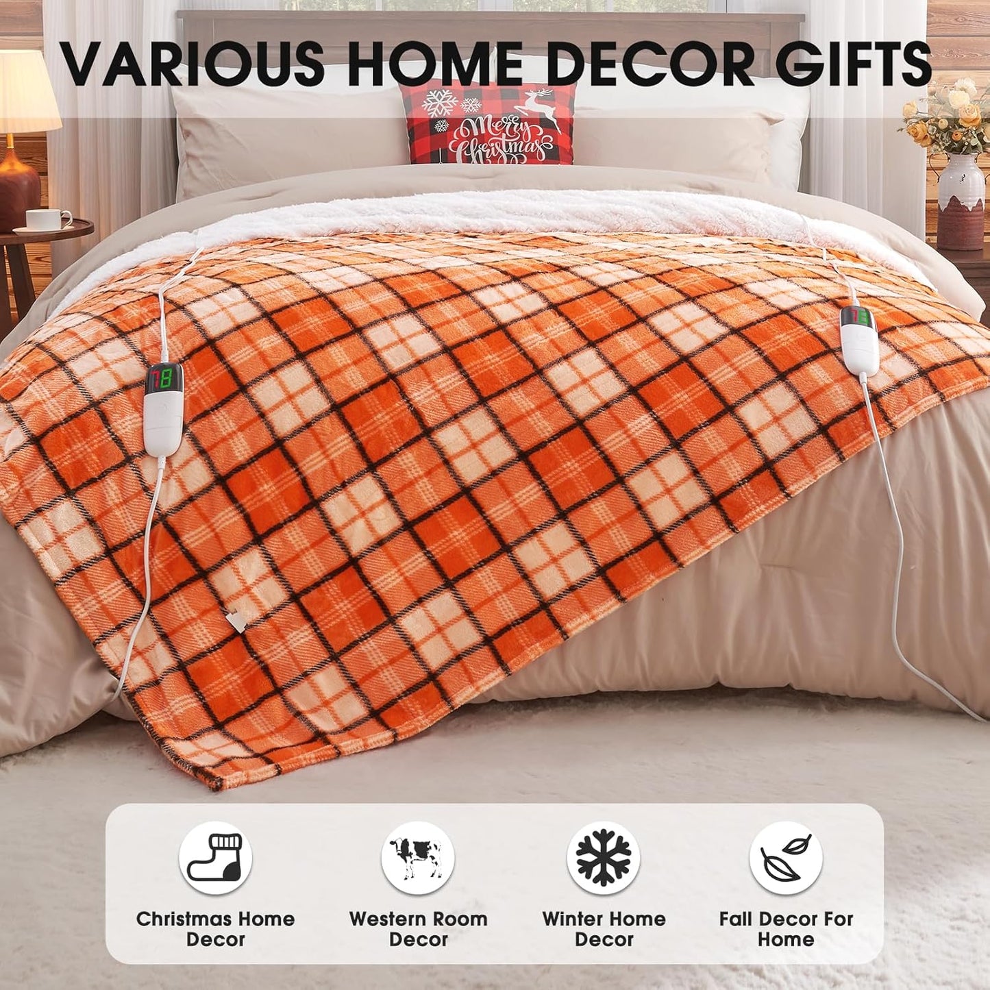 OCTROT Electric Heated Blanket King Size, 90X100 Orange Blanket with Dual Control&10 Heats Levels&Timer for Bed,Large Plaid Sherpa Heating Blankets Warmer Gifts for Women Grandma Halloween Home Decor