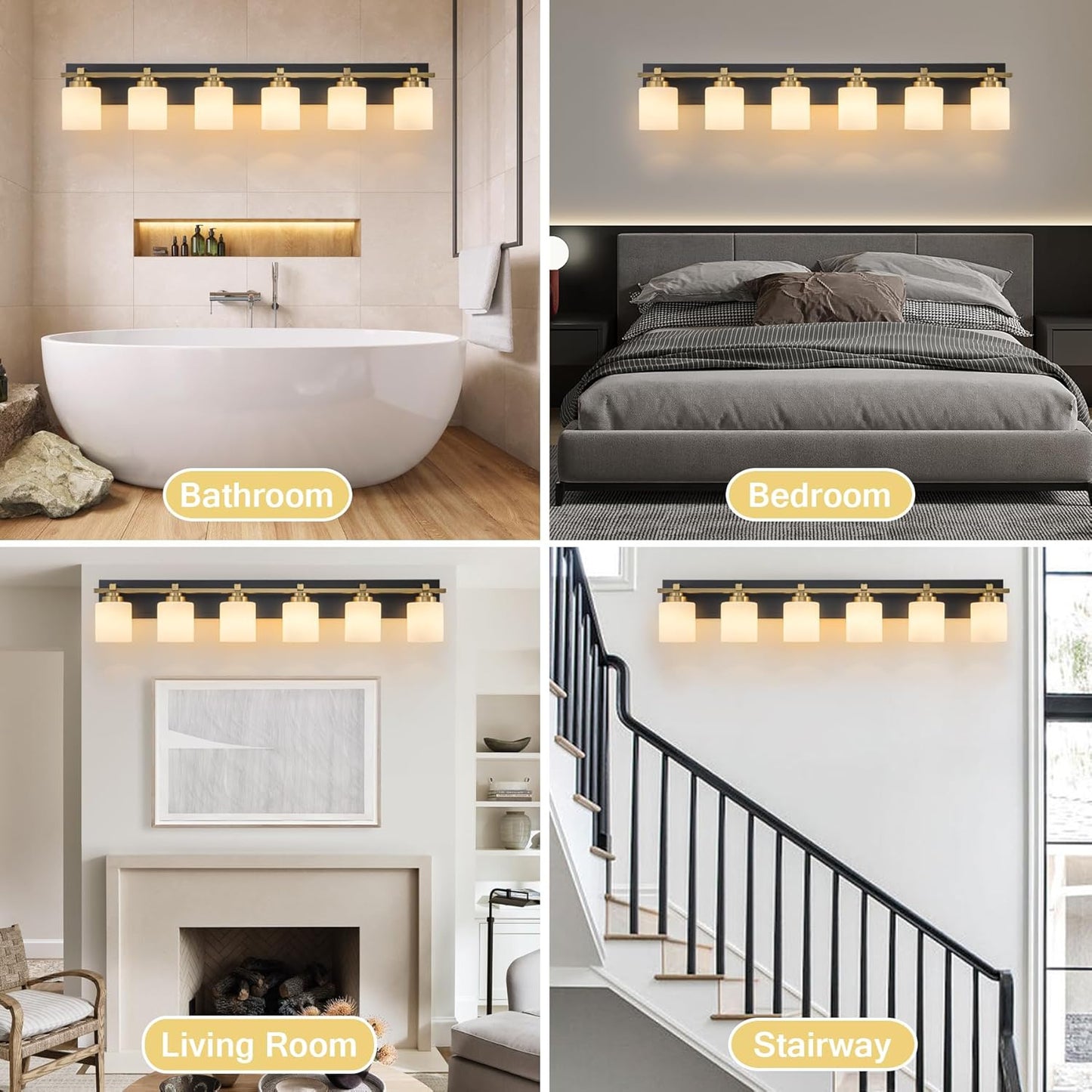 6 Light Modern Bathroom Light Fixtures Over Mirror, Black Gold Vanity Lights for Bathroom Wall Sconces with Milky White Glass Shades, E26 Socket (Bulbs Not Included)