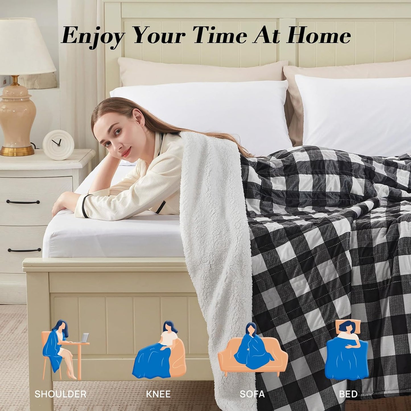 Westinghouse Full Size Heated Blanket Electric Blanket, Flannel & Sherpa Heating Blanket with10 Heating Levels & 1 to 12 Hours Heating Time Settings, Fast Heating Blanket Black Plaid, 72x84 Inches