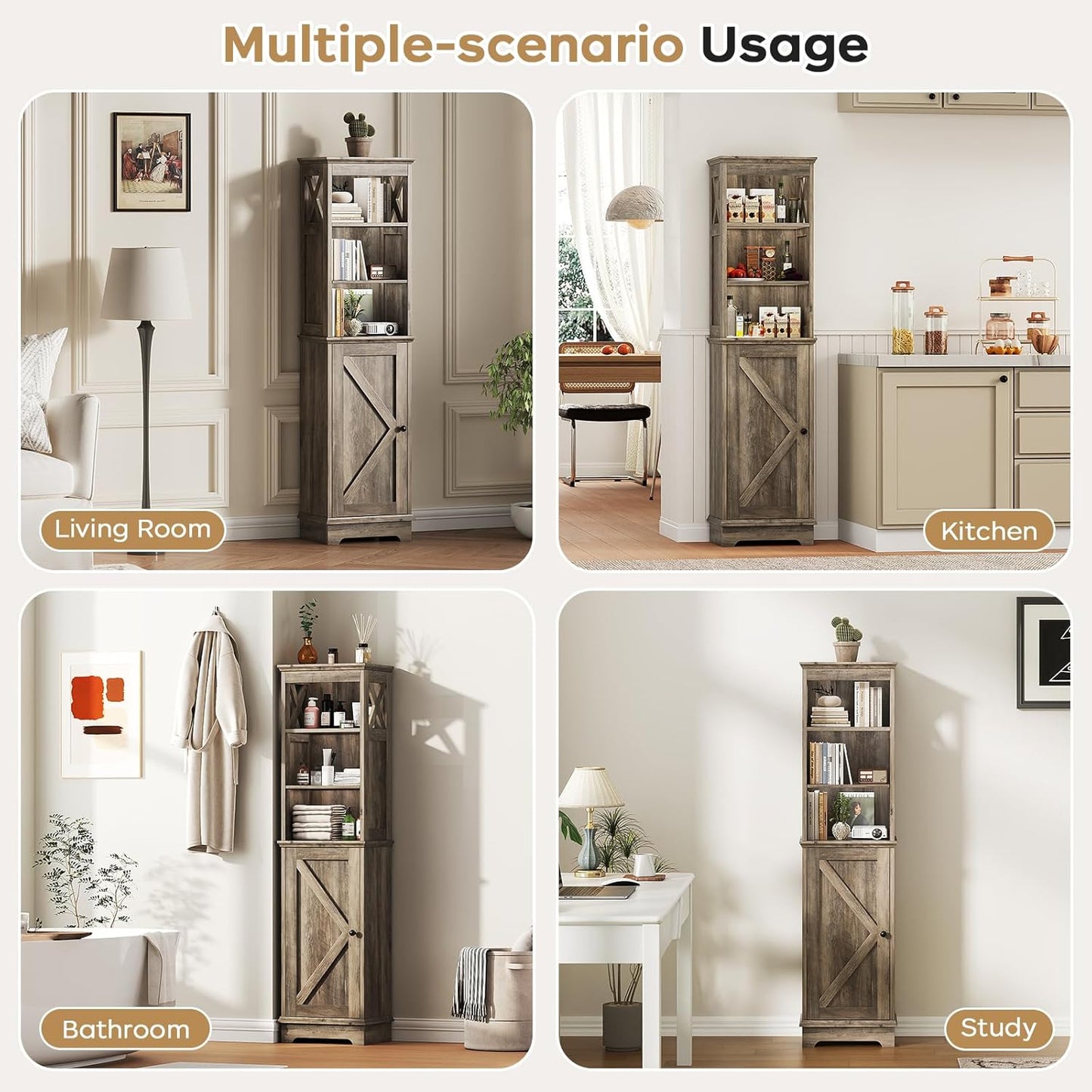 Tall Bathroom Storage Cabinet with Door and Open Adjustable Shelves, 60.9" H Wooden Tower Corner Narrow Farmhouse Cabinet, Freestanding Organizer for Kitchen, Entryway Grey