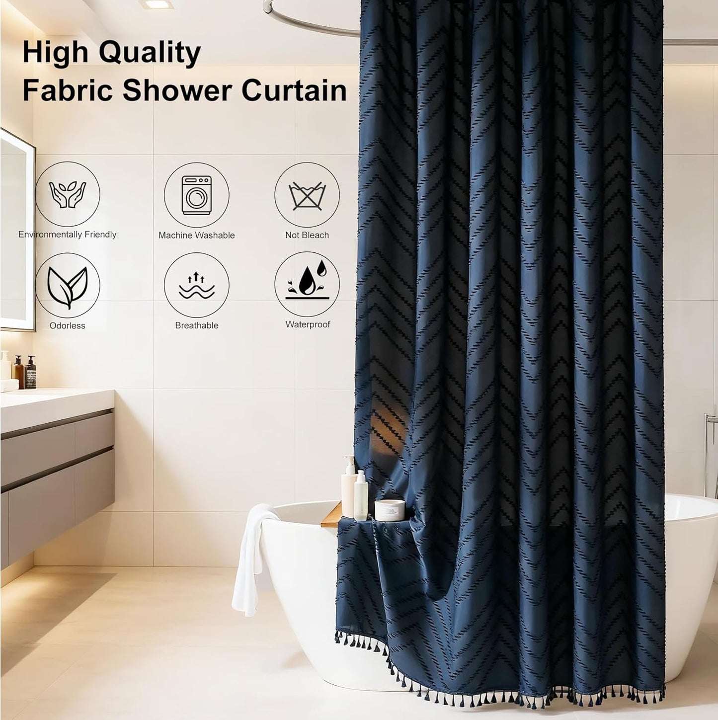 Extra Long Boho Navy Blue Shower Curtain, Woven Fabric Shower Curtain, Tufted Chevron Striped, 72 x 78, Modern Chic Textured Minimalist Bathroom Cloth Shower Curtains