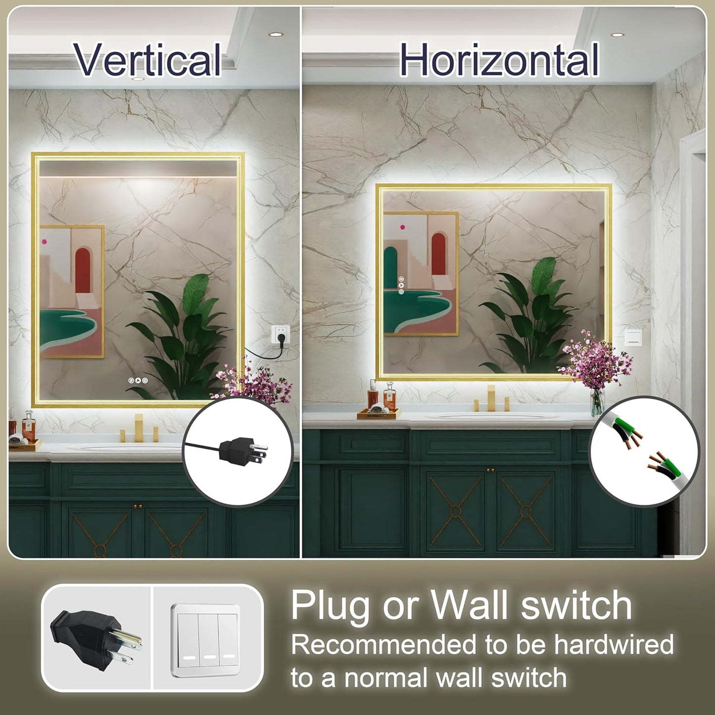 30x36 Inch Gold LED Bathroom Mirror with Front & Back Lights, Adjustable 3000K/4500K/6000K, Wall Mounted Lighted Bathroom Vanity Mirrors, Anti-Fog, Dimmable, Horizontal/Vertical