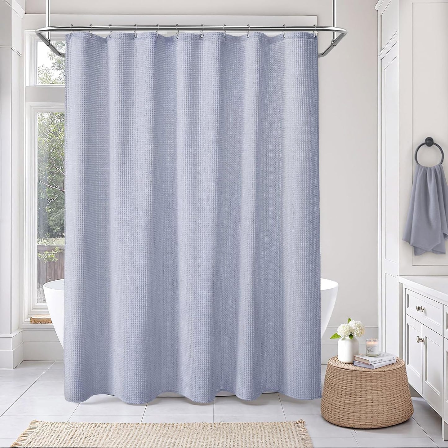 Extra Long Waffle Shower Curtain - Misty Blue Cotton Texture Fabric Heavyweight Shower Curtain for Bathroom,72Wx84L