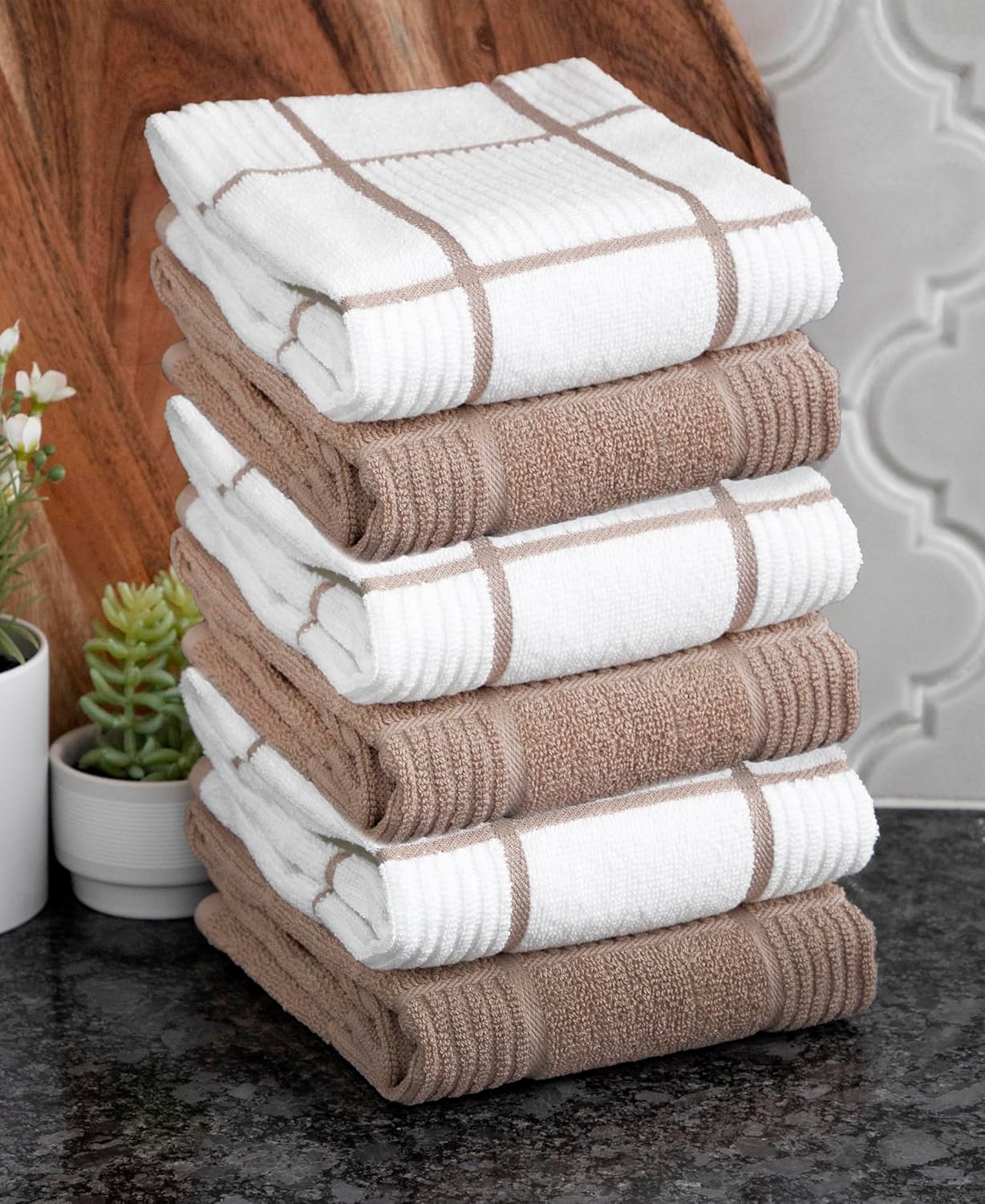 T-Fal Solid & Checked Parquet Kitchen Towels: Highly Absorbent, Super Soft Long Lasting - 100% Cotton, 16"x26" Dish Towels for Cleaning & Drying Dishes, Pans, Glassware, Countertops, 6-Pack, Sand