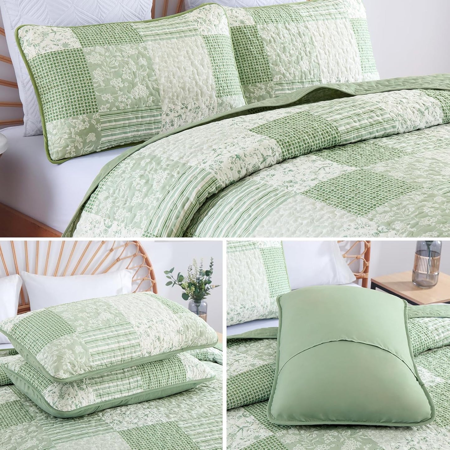 Mybedsoul Light Green Quilt Set Queen Size, 3 Pieces Plaid Floral Bedspread Set Patchwork Reversible Bedding Set Microfiber Lightweight Bedspread Coverlet Set for All Season 96"x90"