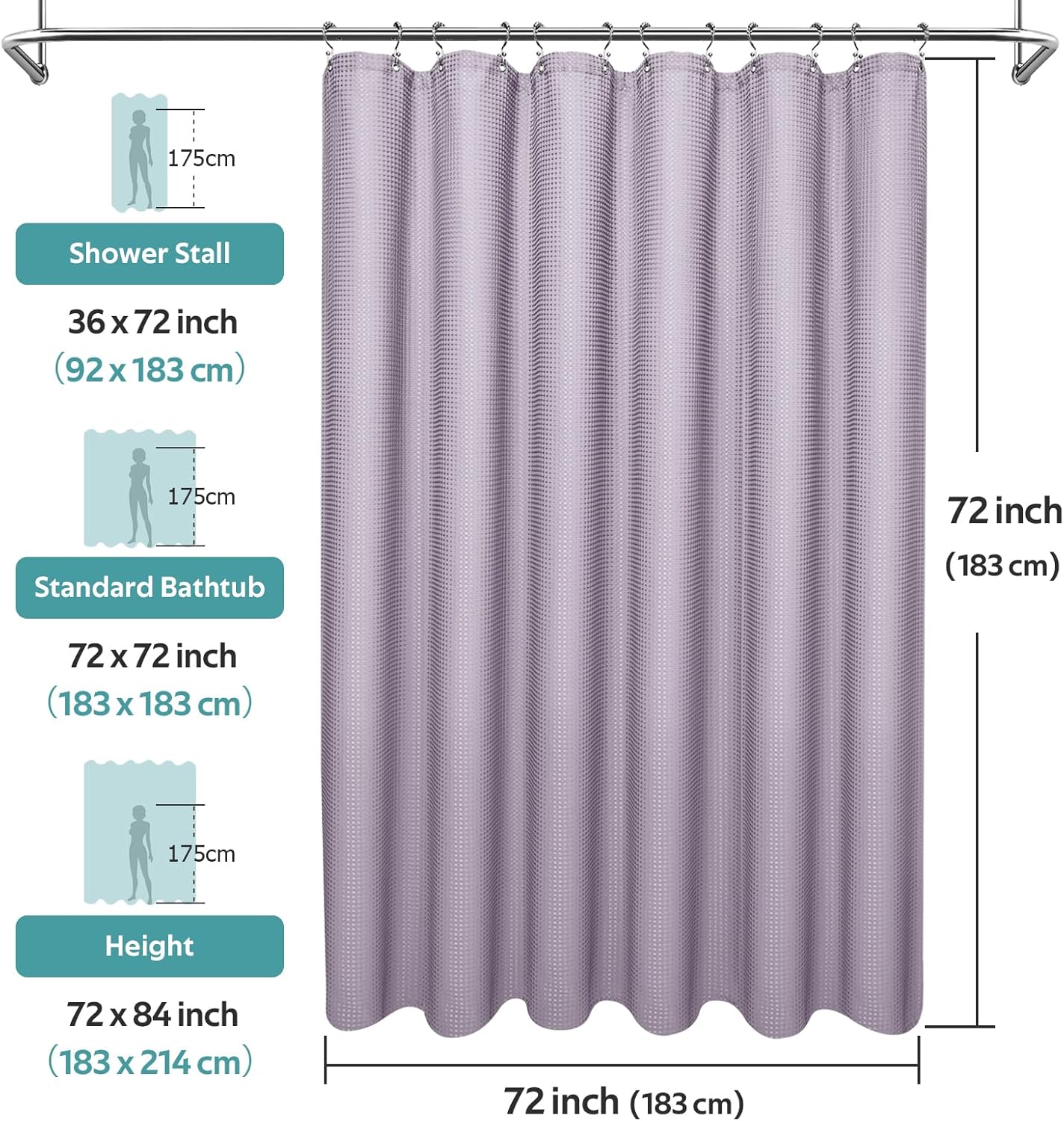 3 in 1 Shower Curtain Set, Waffle Shower Curtain and Liner Set with 12 Double Sided Shower Curtain Hooks, 258GSM Luxury Weighted Cloth Shower Curtains for Bathroom, 72 W x 72 H, Lavender
