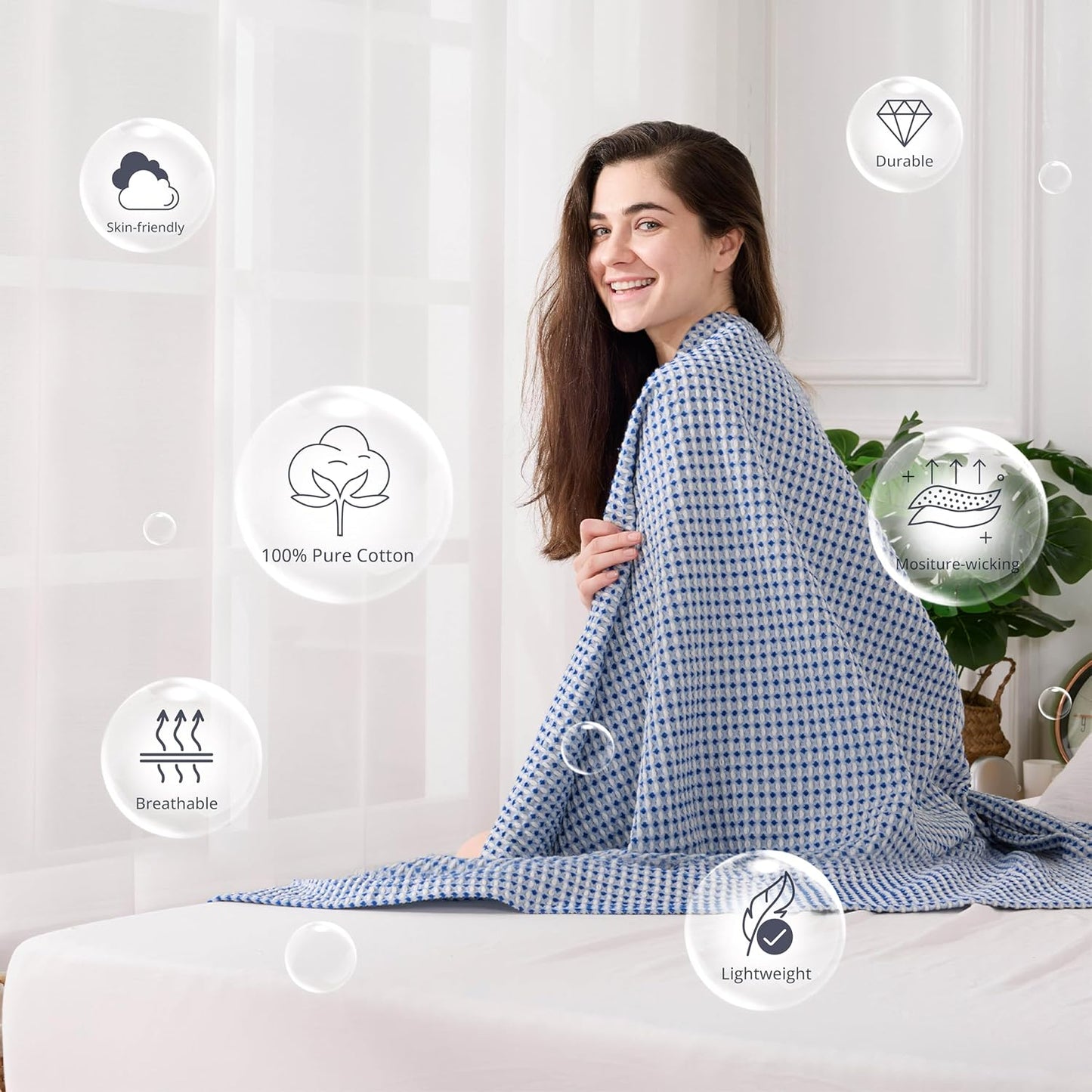 EGOHOME 100% Cotton Queen Size Blankets for Bed,Soft Jacquard Waffle Weave Blanket,Lightweight and Breathable Unique Dual-Tone Texture Cotton Blanket for All Seasons-Navy Blue,90 x 90 Inches