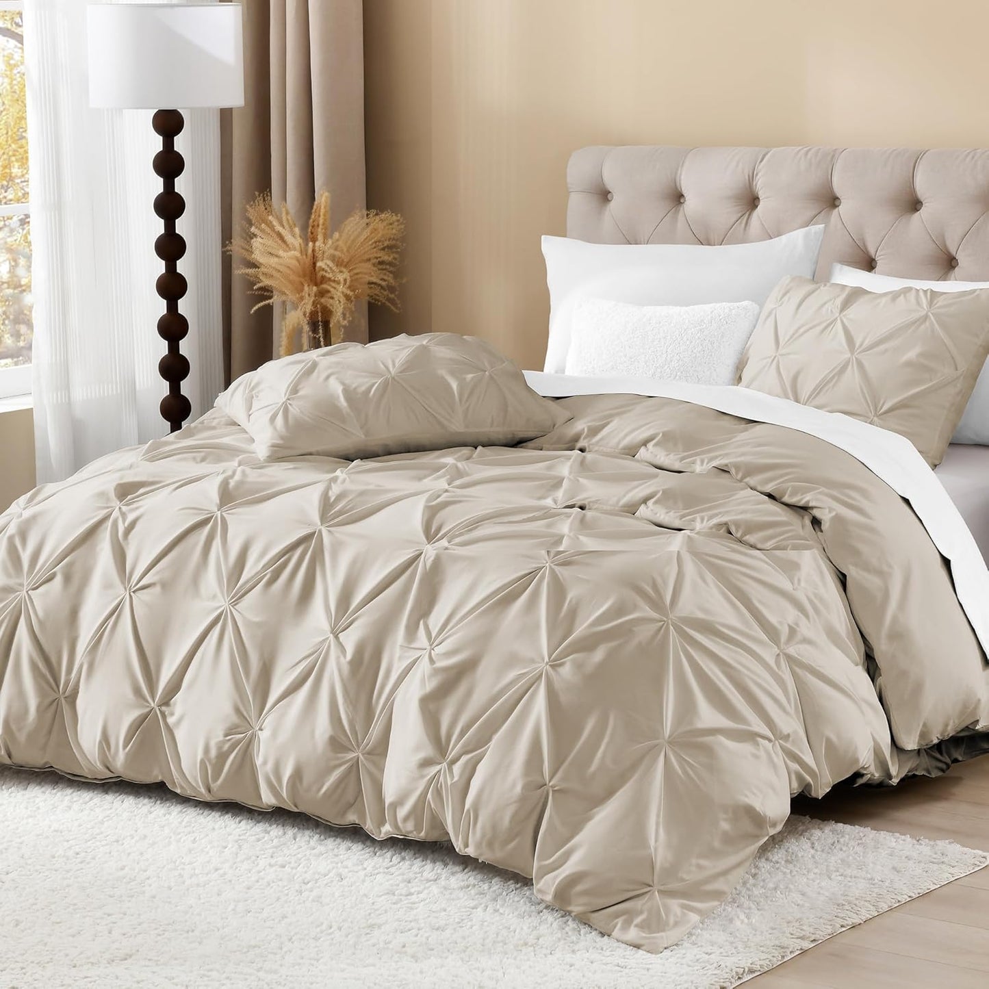 Litanika Oatmeal Oversized King Pinch Pleat Duvet Cover, 3 Pieces Pintuck Cover Soft Microfiber Bedding Set with Zipper Closure & Corner Ties(1 Duvet Cover, 2 Pillowcases)
