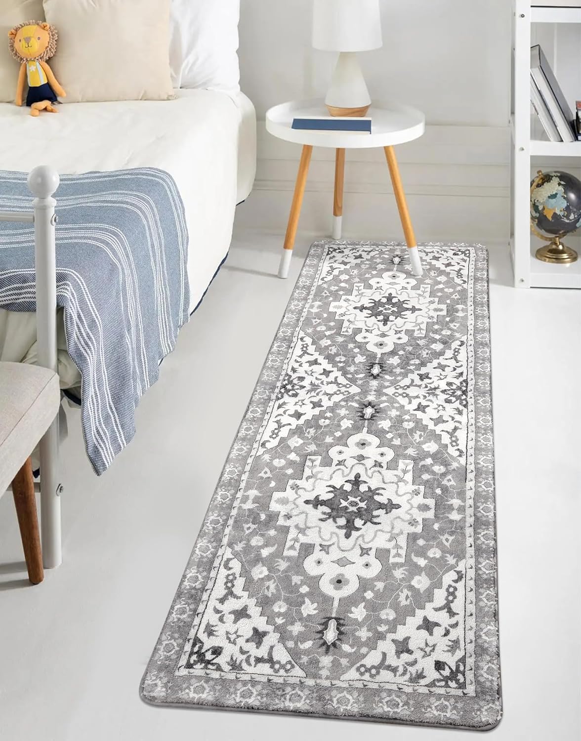 Uphome Boho Vintage Bathroom Runner Rug Gray Non-Slip Soft Bedroom Rug Machine Washable Oriental Kitchen Rug Traditional Tribal Floral Floor Mats for Hallway Kids Room Entryway, 24x71 inch