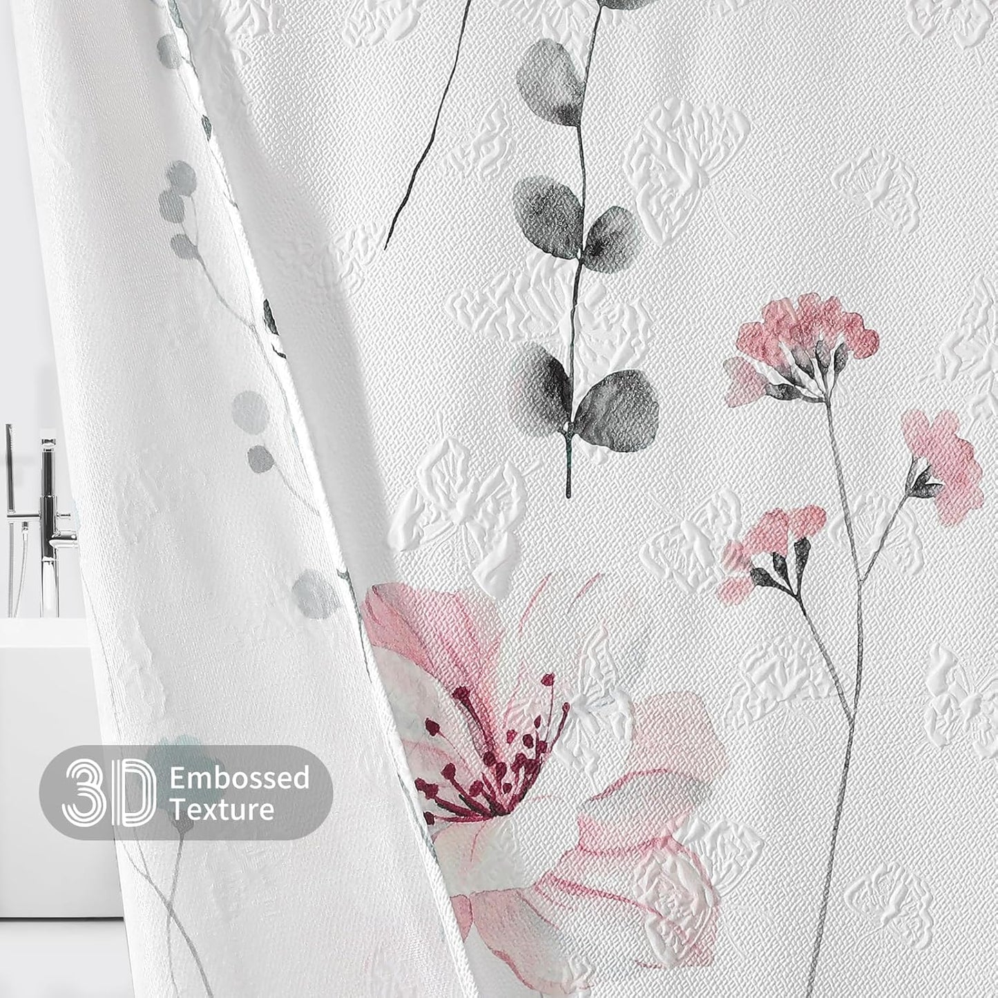 QiyI Extra Long Shower Curtain 72 x 84, Modern Watercolor Floral Bath Curtain, 3D Embossed Textured Grey Pink Flower Cloth Bathroom Curtains, Waterproof Fabric Farmhouse Shower Curtain Set with Hooks