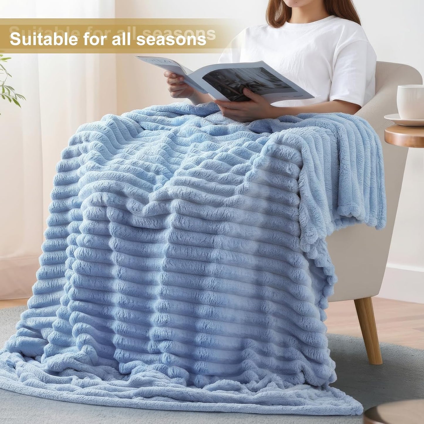 decorUhome Christmas Soft Fleece Blue Grey Blanket King Size for Bed, Cozy Fluffy Plush Flannel Large Striped Throws for Couch Sofa, Lightweight Decorative Fuzzy Blanket for Woman, 108x90 Inches