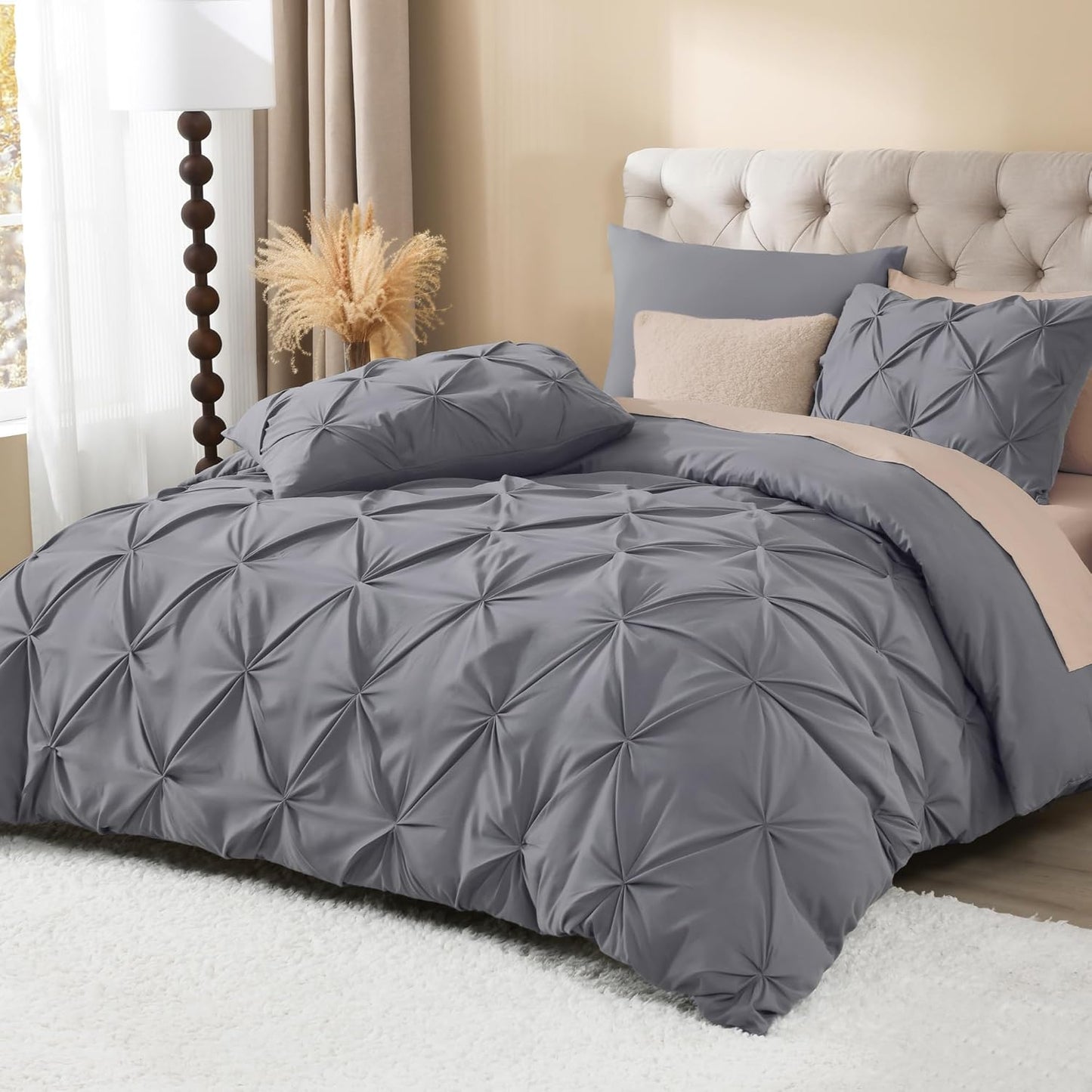 Litanika Dark Grey California King Pinch Pleat Duvet Cover, 3 Pieces Pintuck Cover Soft Microfiber Bedding Set with Zipper Closure & Corner Ties(1 Duvet Cover, 2 Pillowcases)