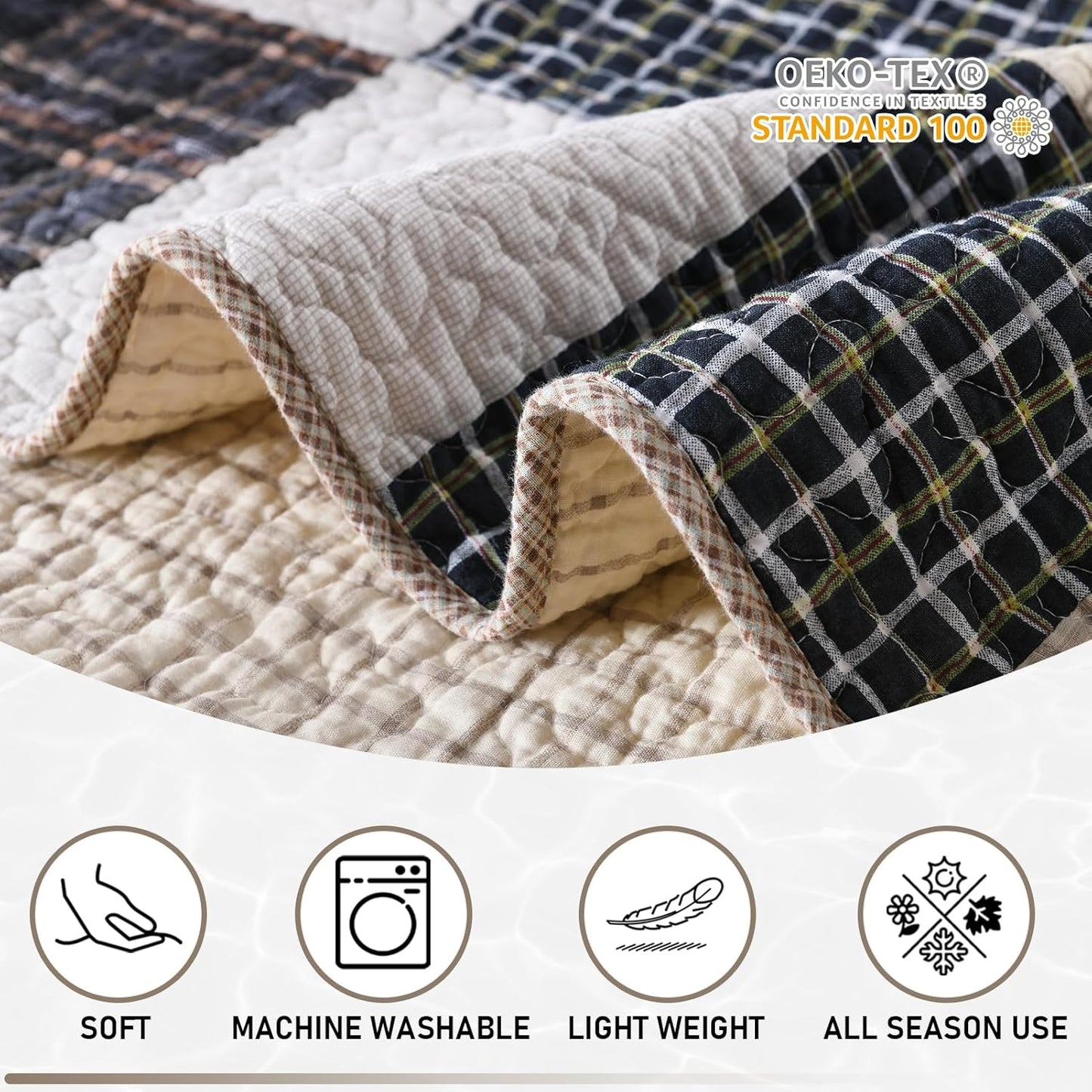 KALOOLA Patchwork King Quilt, 100% Cotton Lightweight King Size Bedspreads 3 Pieces, Tan Brown Beige King Quilt Bedding Set, Farmhouse Rustic Coverlet for All Season