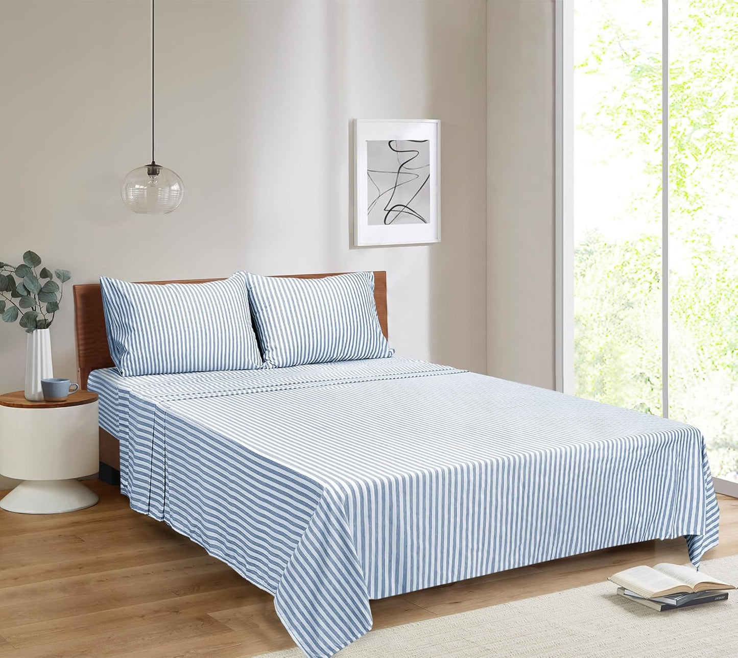 Mejoroom Striped Full Size Sheets - 1800TC Luxury Full Sheets with 16 Inch Deep Pocket - Premium Bedding Collection - Extra Soft, Breathable, Wrinkle, Fade & Stain Resistant - 4 Piece (Blue Stripe)