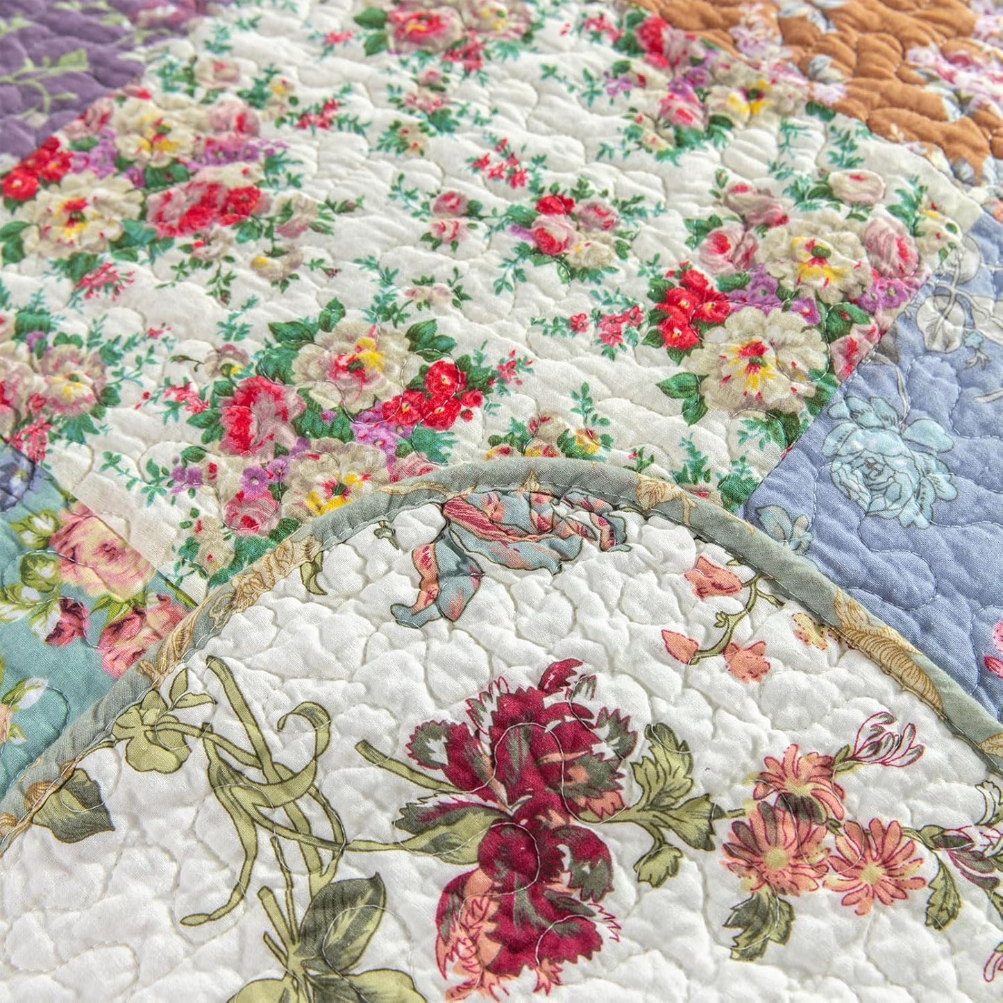YAYIDAY Quilt King Size Patchwork Bedspread Set - 100% Cotton Reversible Breathable Floral Quilted Quilt with Pillow Shams Fit All Season