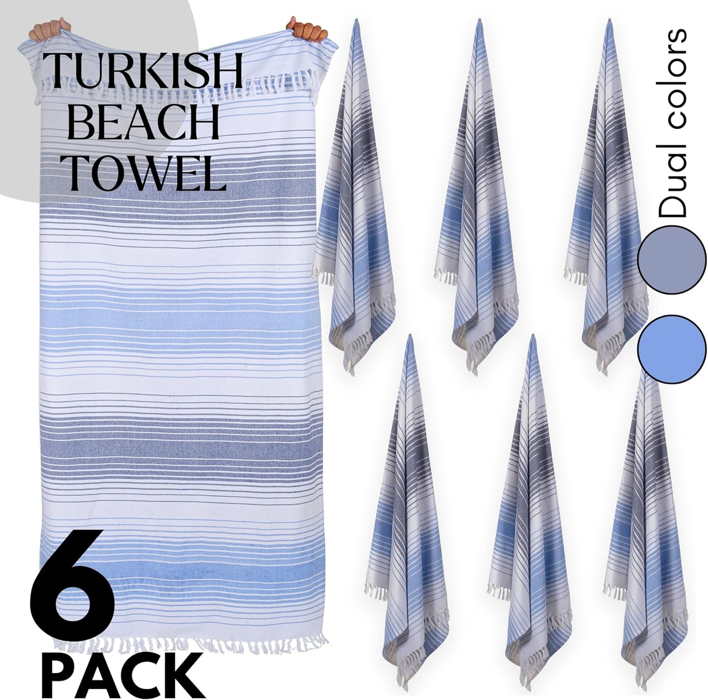 Native Fab Turkish Stripe Beach Towels Set of 6-40x71 Inches 100% Cotton Quick Dry Lightweight - Extra Large Thin Sand Free Peshtemal Towel for Adults Travel Bath Spa Pool Gym Camp, Navy Blue