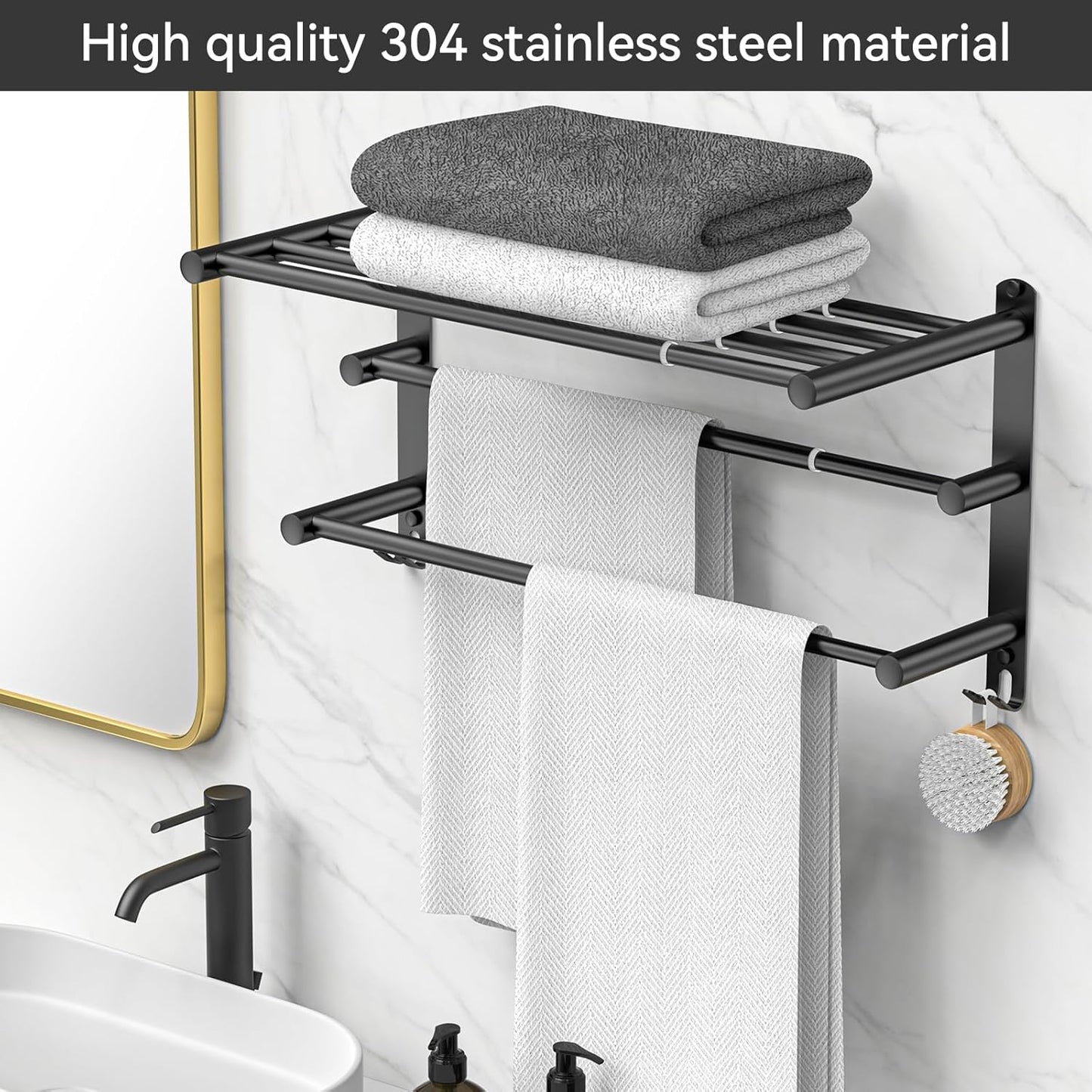 Black Adjustable Towel Bar for Bathroom Wall Mount17-30.7inch Adhesive Shower Towel Rack Stainless Steel Bath Towel Holders for Toilet Kitchen Double Towel Hanger (Black 3-Layer Towel Rack)