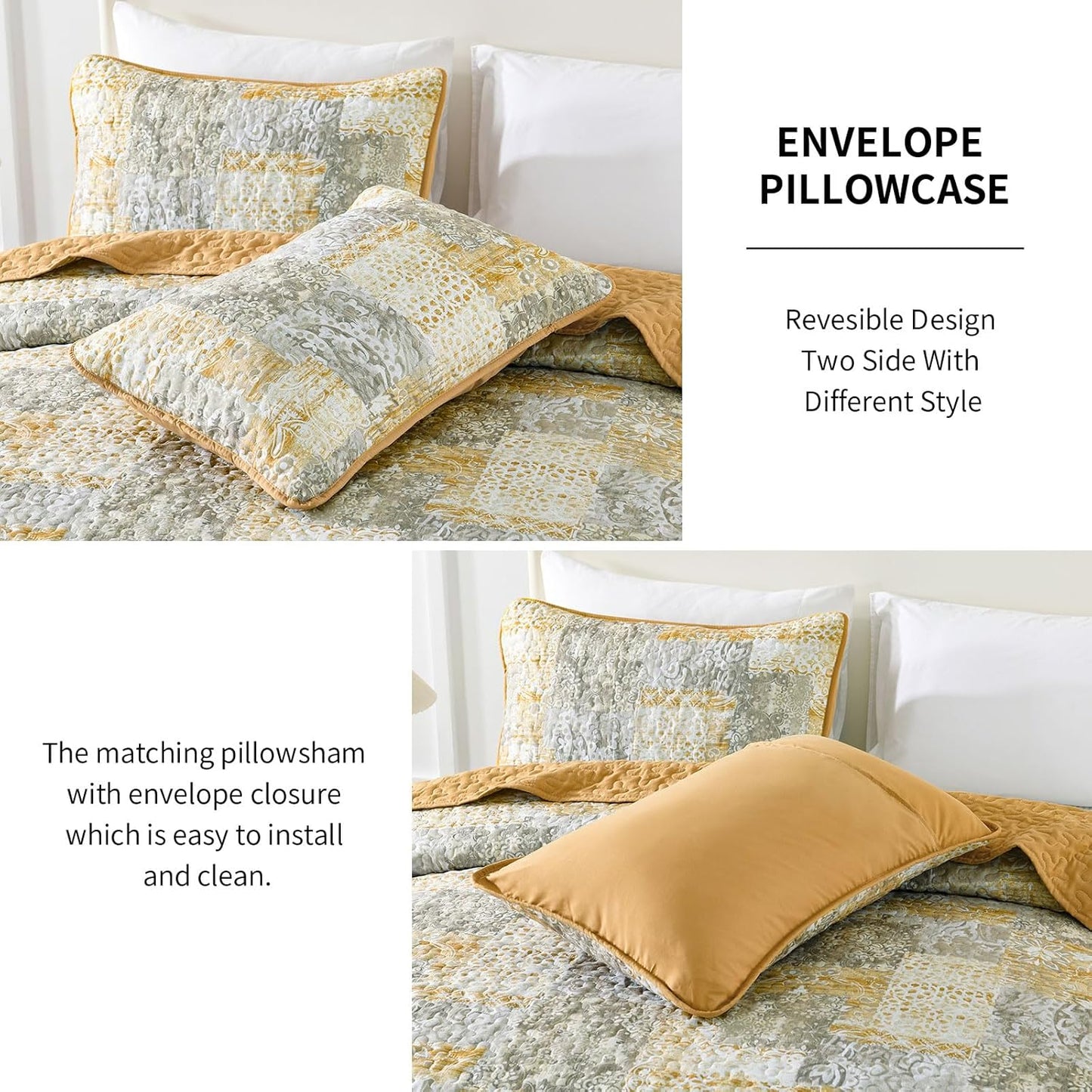 Mybedsoul Yellow Boho Quilt Set King Size 3 Pieces Grey and Yellow Plaid Floral Bedding Set Microfiber Lightweight Bohemian Patchwork Bedspread Coverlet Set for All Season 90"x104"