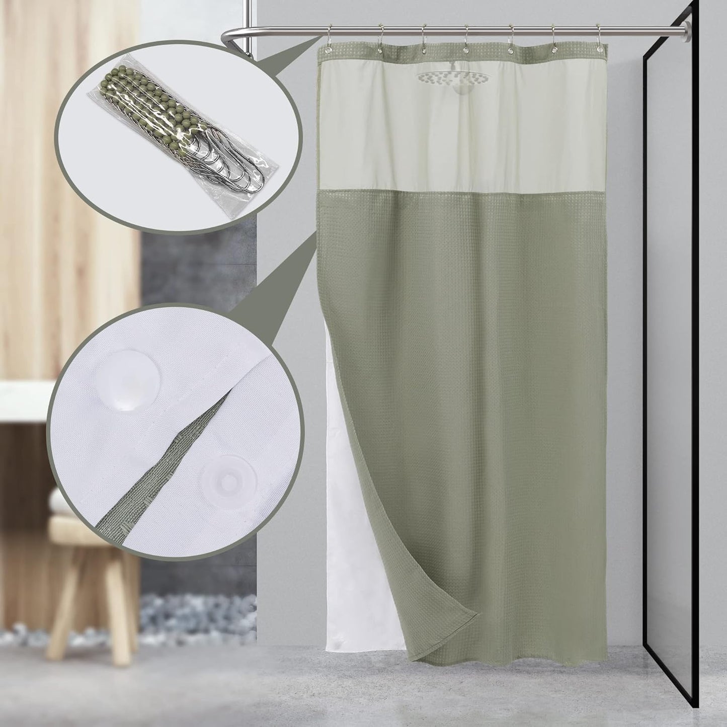 N&Y HOME Stall Waffle Weave Shower Curtain with Snap-in Fabric Liner & Hooks Set - 36" x 72" Small Shower Stall Size, Hotel Style & Mesh Top Window, Machine Washable - 36x72, Sage Green