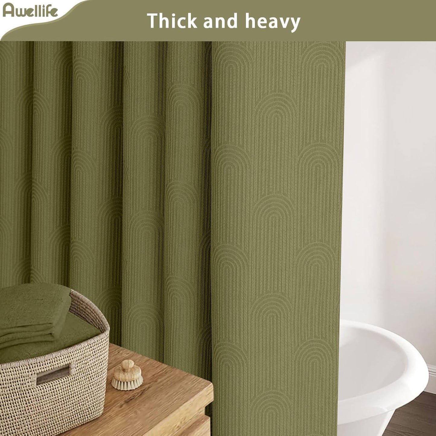 Awellife Boho Shower Curtains for Bathroom Cotton Fabric Touch Matcha Green Bohemian Mid Century Minimalist Arch 72" L X 72" W