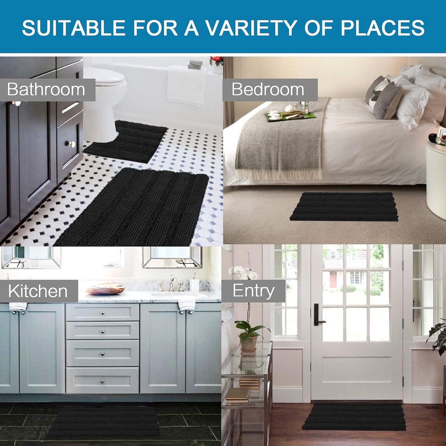 H.VERSAILTEX Bathroom Rugs Bath Rug Set 2 Piece Bathroom Contour Rug Toilet Mat Sets Non Slip Contour Bath Rug Ultra Thick Water Absorbent Striped Bath Mats Washable(36" x 24" Plus 20" x 24" U, Black)