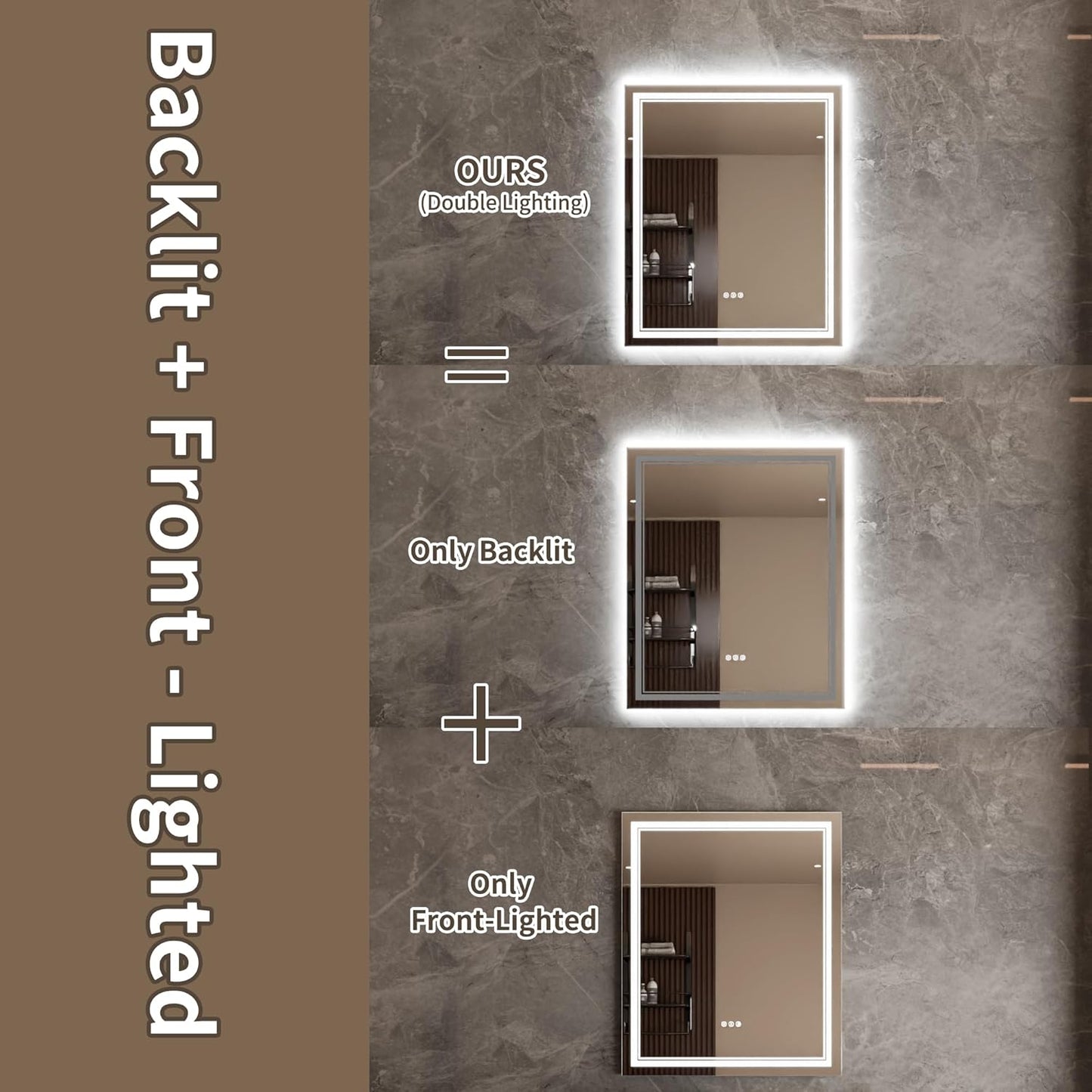 Bathroom Mirror with Lights 30"X36" with Front Light and Backlit, Tempered Glass, Wall Mount Horizontal/Vertical, Stepless Dimmable, 3 Colors, Anti Fog, Bathroom Memory LED Mirror