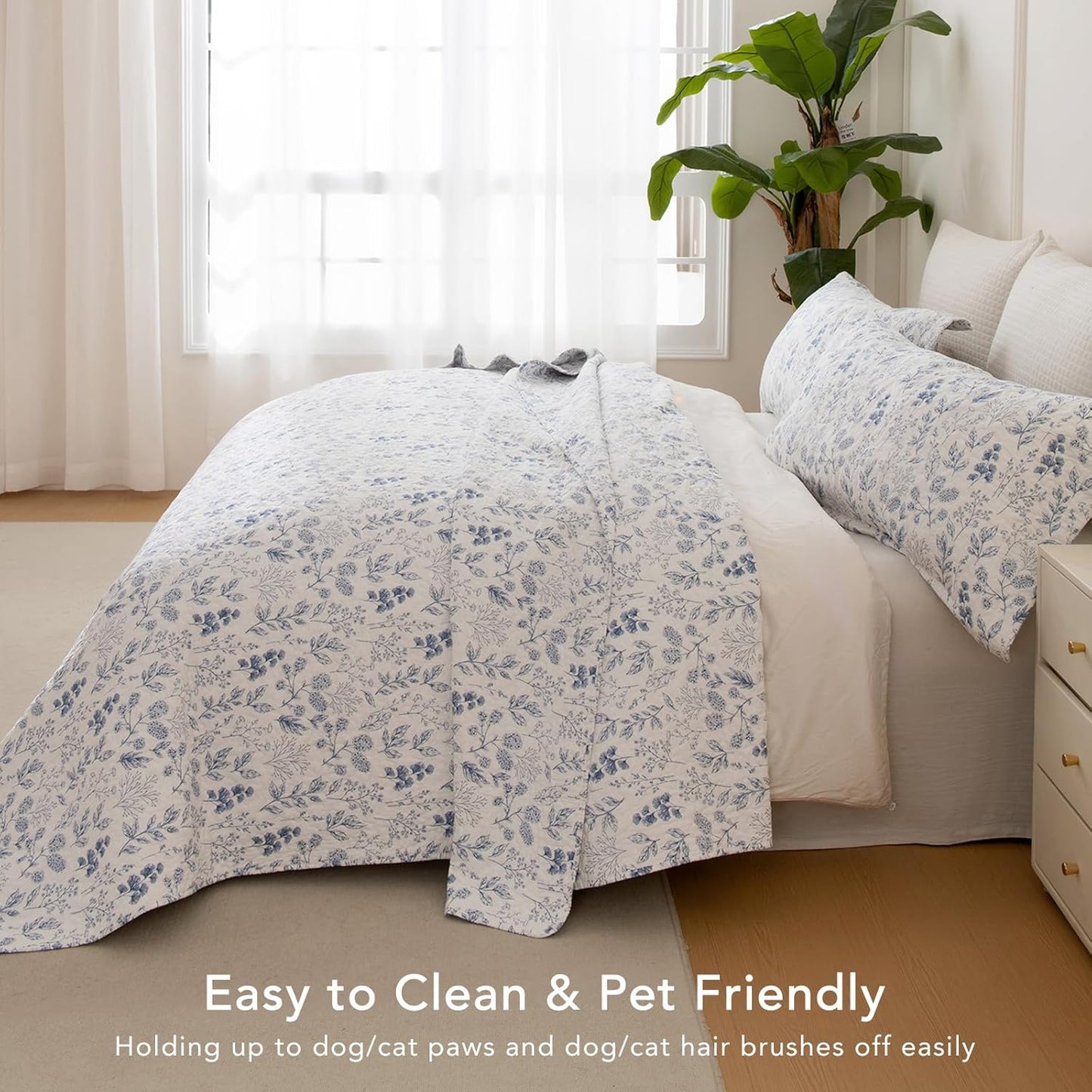 Lady Ann Cotton Quilt Sets King Size - Blue and White Floral & Leaves Pattern Botanical Printed Quilted Bedding, 3 Pcs Lightweight Soft Bedspread Sets King Coverlet for All Season
