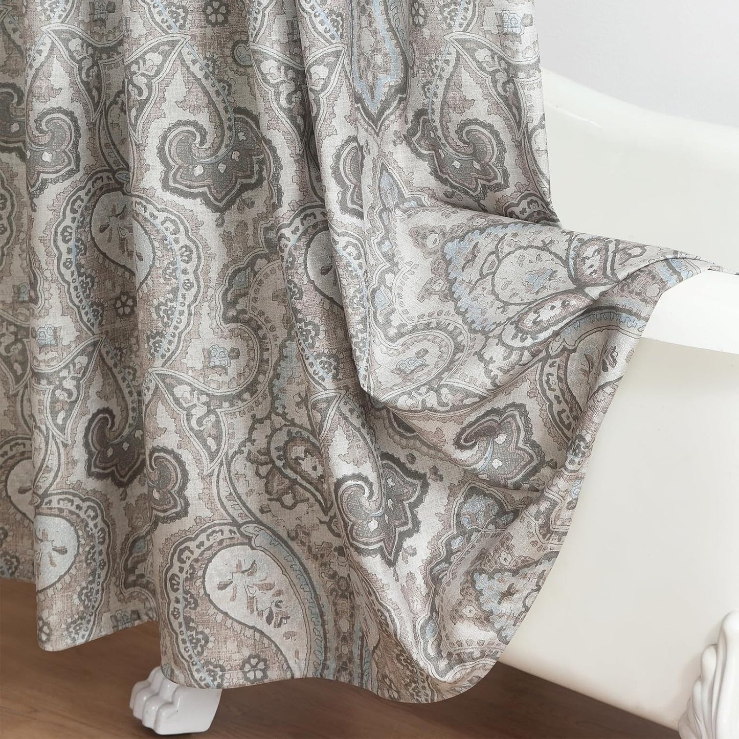 Extra Wide Fabric Shower Curtain, Taupe Gray Blue Paisley Print Wrap Around Shower Curtains for Bathroom Clawfoot Tubs, 108" W x 72" H