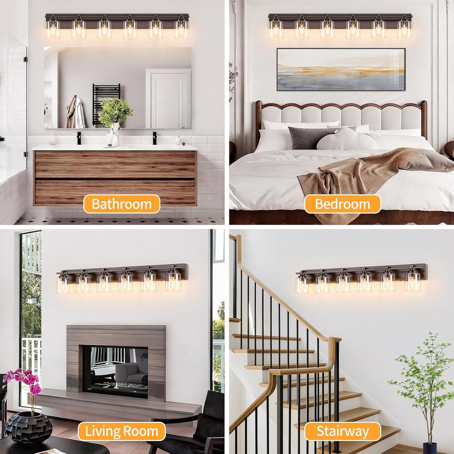 6 Light Modern Bathroom Light Fixtures Over Mirror, Bronze Finish Vanity Lights for Bathroom Wall Sconces with Clear Glass Shades, E26 Socket (Bulbs Not Included)