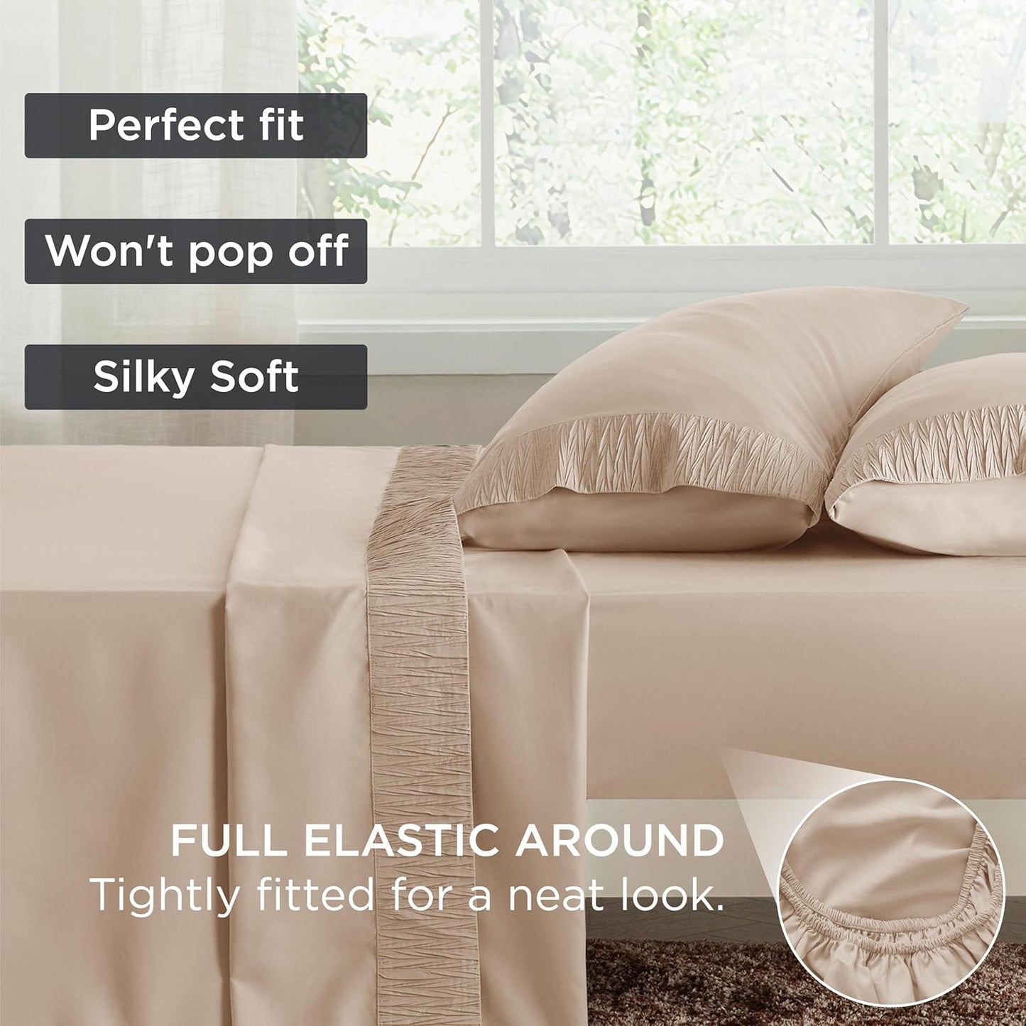 Bedsure Queen Sheet Set - 4 Pieces Soft Queen Size Sheets - Breathable & Cooling - Hotel Luxury - Easy Care Polyester Microfiber Bedding for Women, Men, Beige