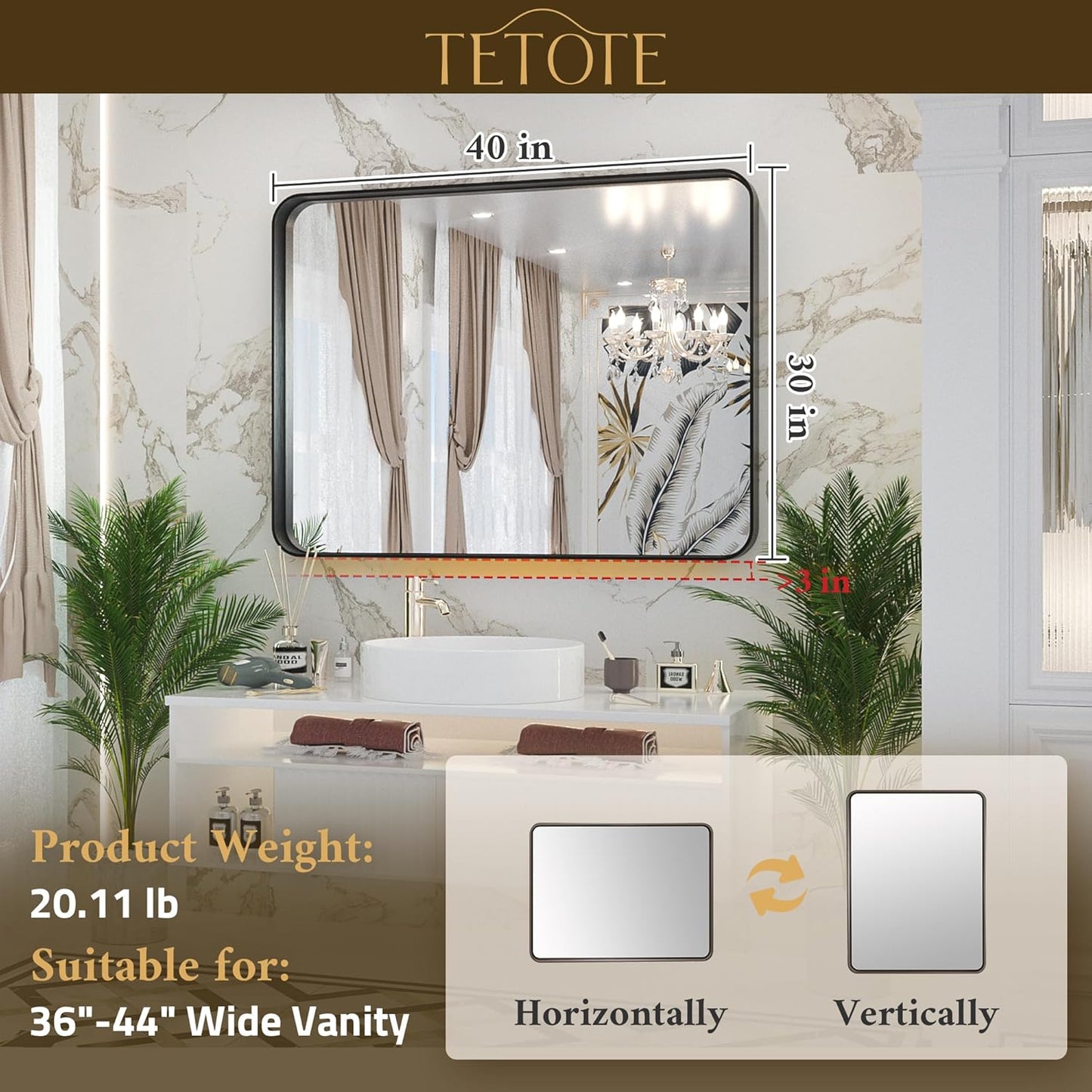 TETOTE 40 x 30 White Frame Mirror for Bathroom Metal Frame Wall Mounted Rectangle Mirror for Vanity with Sandy Textured Surface(Horizontal/Vertical)