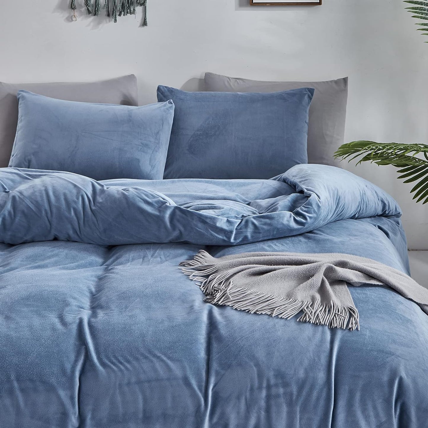 Cottonight Blue Velvet Comforter Set Queen Blue Flannel Bedding Set Queen Size Winter Blanket Quilts Modern Heavyweight Warm 3 Piece Velvet Comforter Set