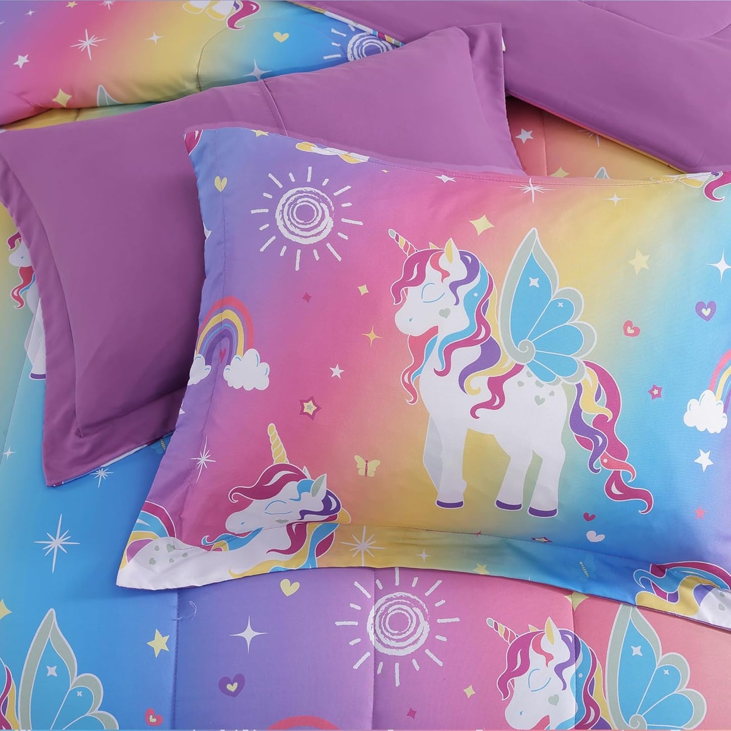 Full Size Comforter Set for Girls-4 Pieces Rainbow Unicorn Full Bedding Sets for Kids, 1 Comforter, 2 Shams and 1 Decor Pillow