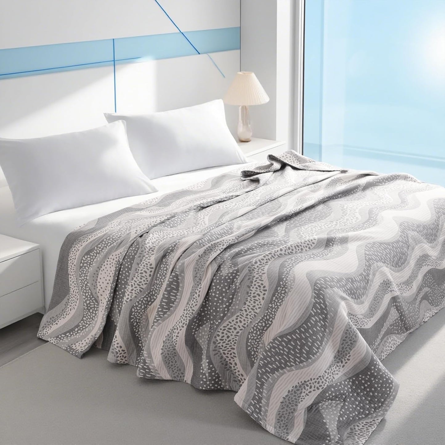 NTBAY 3 Layers Cotton Muslin 68x92 Twin Bed Blanket, Super Soft Breathable Thermal Yarn Dyed Quilt for Adults, Perfect Lightweight Blanket for Couch Sofa Bed All Seasons, Grey Wheat Waves