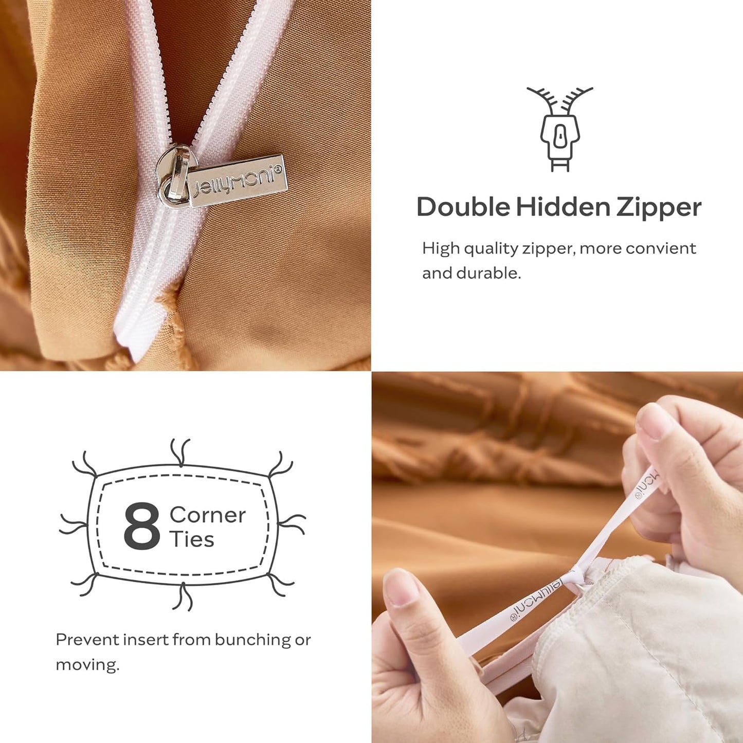 JELLYMONI Duvet Cover Full Size Rust - 3PCS Boho Duvet Cover Set Plaid Polyester Tufted Bohemian Jacquard Knit Textured Comforter Cover 80×90in Rhombic Geometric Pattern Corner Ties & Zipper