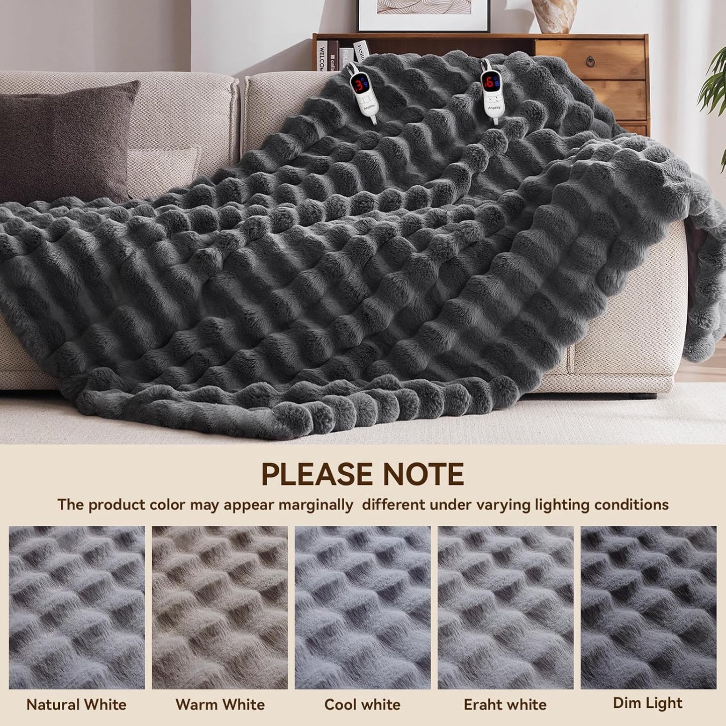 Heated Blanket King Size with 1/2/4/6/8 Hours Auto-Off 10 Heat Level, 90'' * 100'' Cozy Faux Rabbit Fur Bubble Electric Blanket with Overheat Protection(Dark Grey)