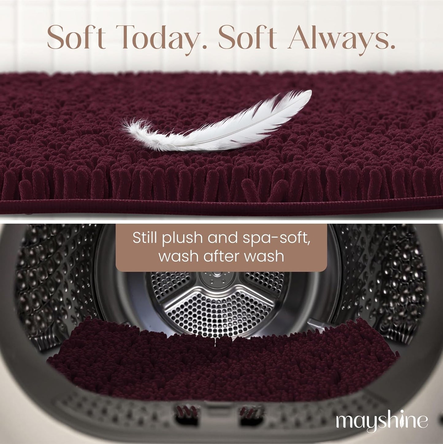 MAYSHINE Plush Shaggy Chenille Bath Mat | Extra Soft, Super Absorbent, Non-Slip Bathroom Rug | Fluffy Microfiber, Area Rug Sets for Bathroom Floor, Kitchen, Living Room | 47"x27" | Burgundy