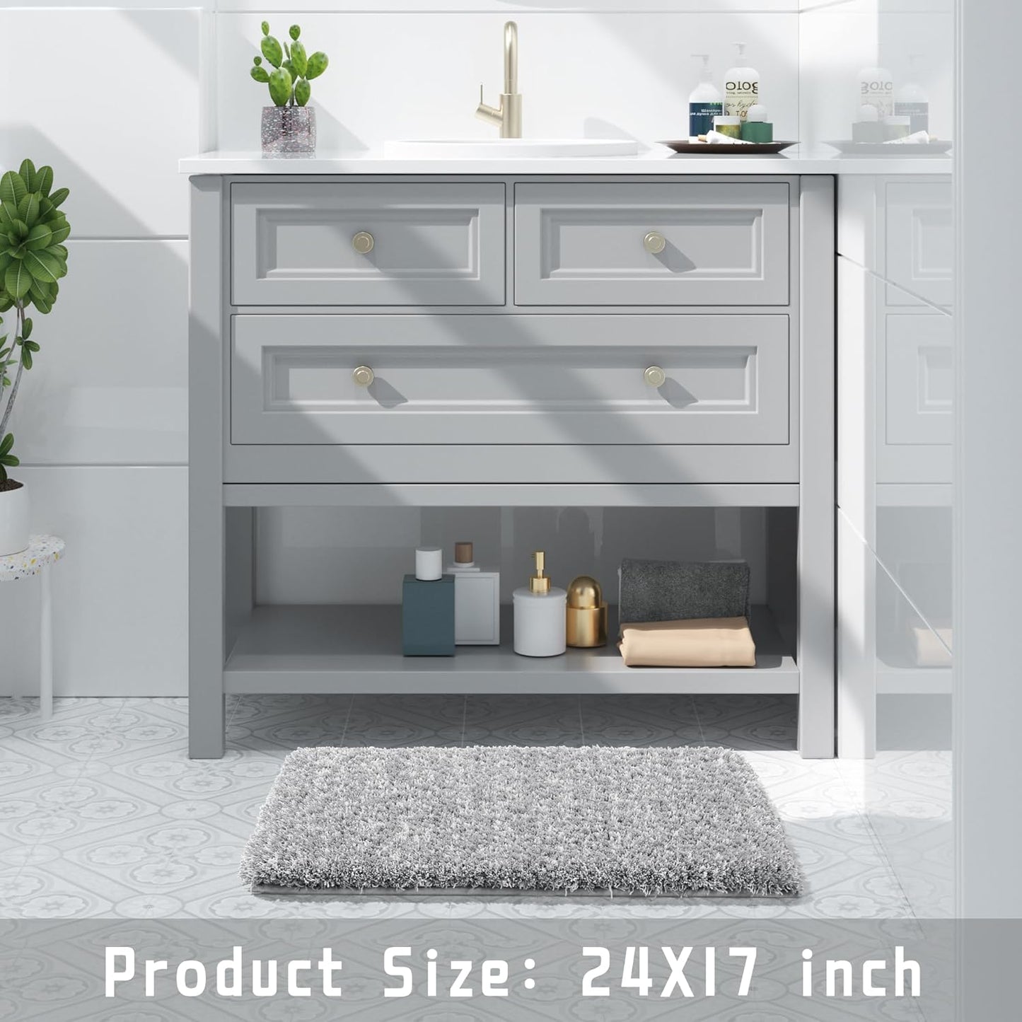 Yimobra Bathroom Rugs Non Slip Washable, Ultra Soft and Water Absorbent Bath Mats, Plush Fluffy Shower Mat Outside, Microfiber Thick Matts for Bathroom Floor/Sink, 24x17, Light Gray and White