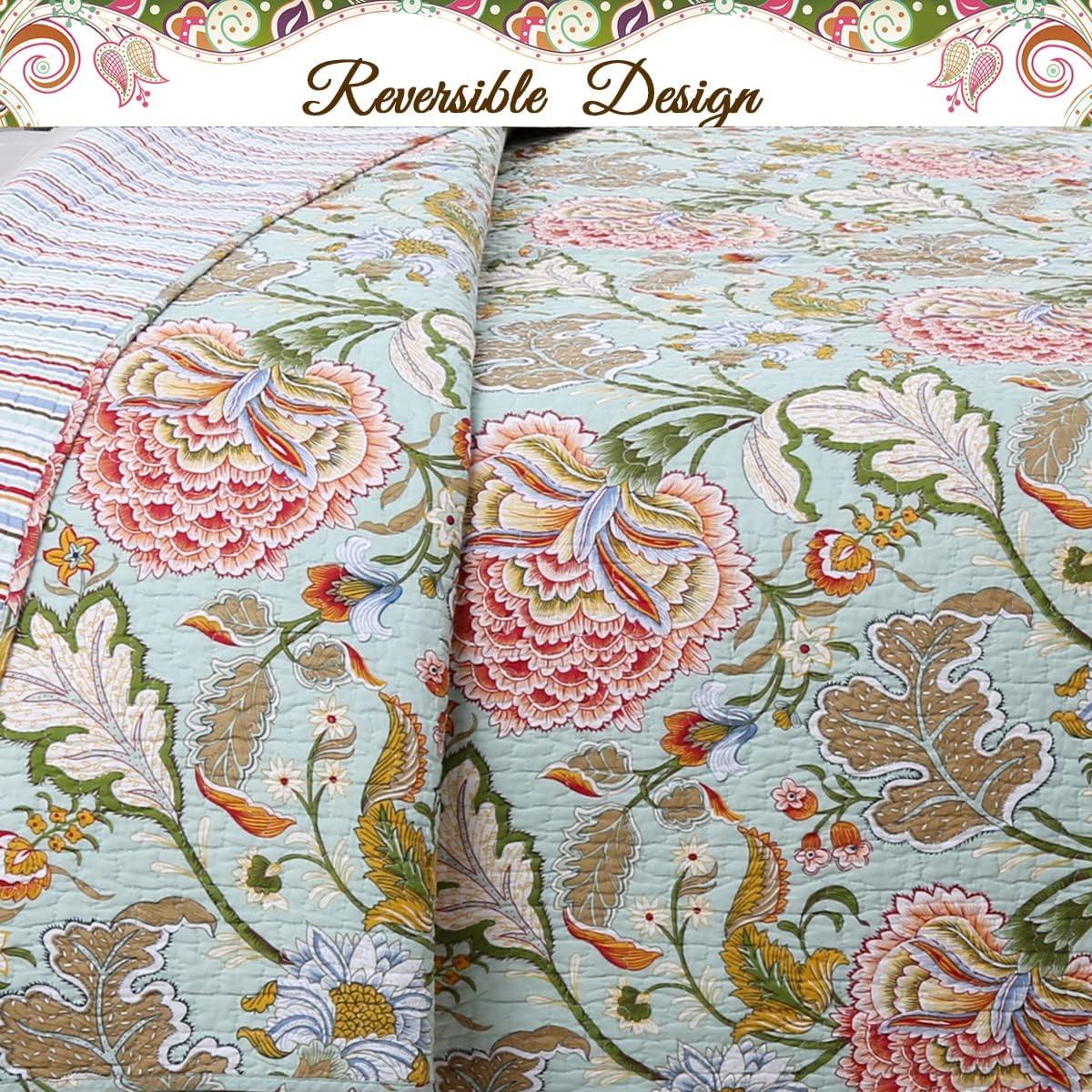 Cozy Line Home Fashions Blooming Red White Floral 100% Cotton Reversible Quilt Bedding Set, Coverlet Bedspread (Camellia Green, Queen - 3 Piece)