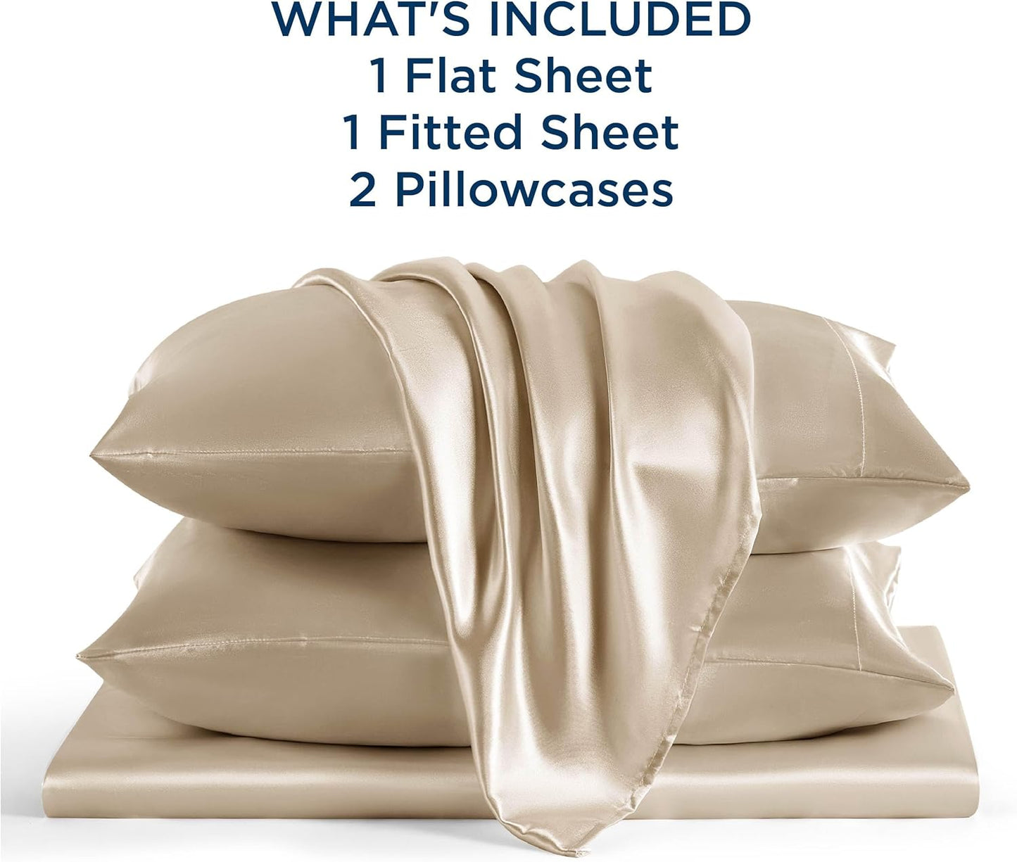 Bedsure Satin Sheets Queen Size - 4 Piece Silky Bedsheets with 15 Inches Deep Pocket Fitted Bedsheet,1 Flat Sheet, 2 Satin Pillowcases, Good for Hair & Skin (Queen, Khaki)