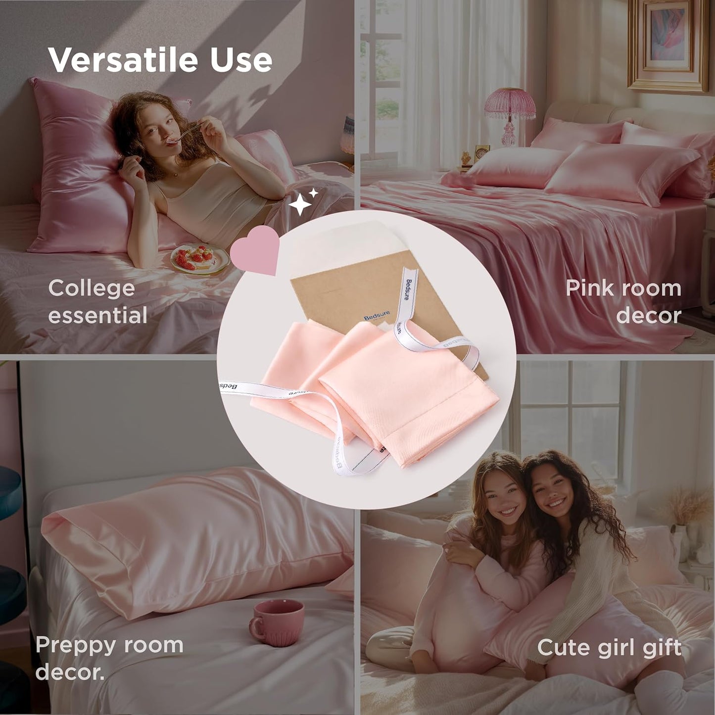Bedsure King Size Satin Pillowcase Set of 2 - Peach Pink Silky Pillow Cases for Hair and Skin with Envelope Closure, Similar to Silk Pillow Cases, Gifts for Women Men, 20x36 Inches, 2pcs