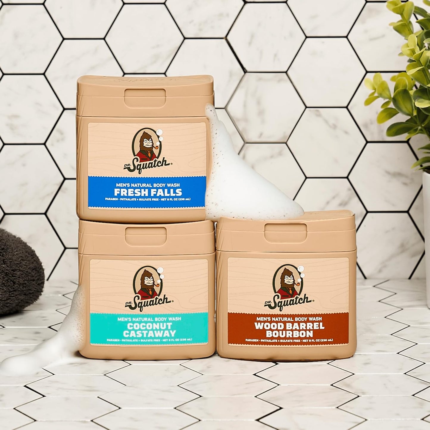 Dr. Squatch NEW Body Wash for Men with Nourishing, Natural Ingredients | No Paraben, Phthalate, Sulfate | All Day Moisturization | Wood Barrel Bourbon, Fresh Falls & Coconut Castaway (8 oz, 3-Pack)