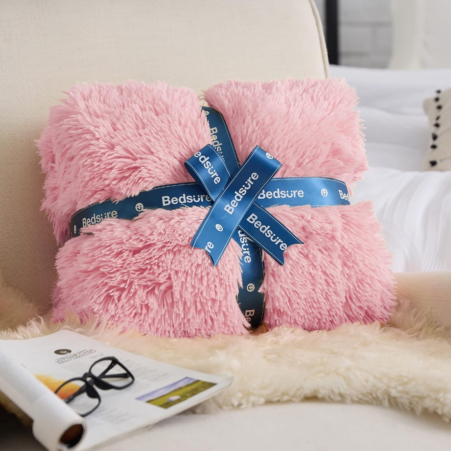 Bedsure GentleSoft Fluffy Pink King Size Blanket for Bed, Thick Soft Sherpa Faux Fur Fleece Bedding Fuzzy Plush Winter Warm Heavy Big Large King Blanket, Cozy Pink Gifts for Men Women, 108x90