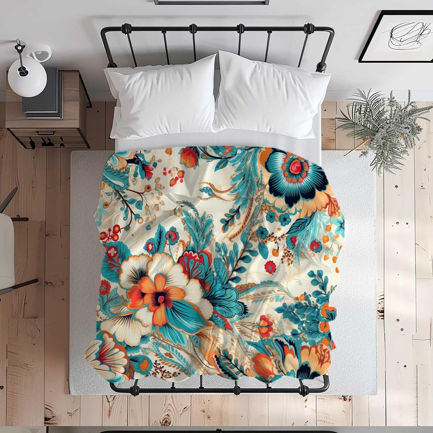 Flowers Blanket Throw, Turquoise Orange Hues Leaves Throw Blanket for Women Men, Soft Lightweight Flannel Fabric, Washable No-Pilling, 60x80 inches