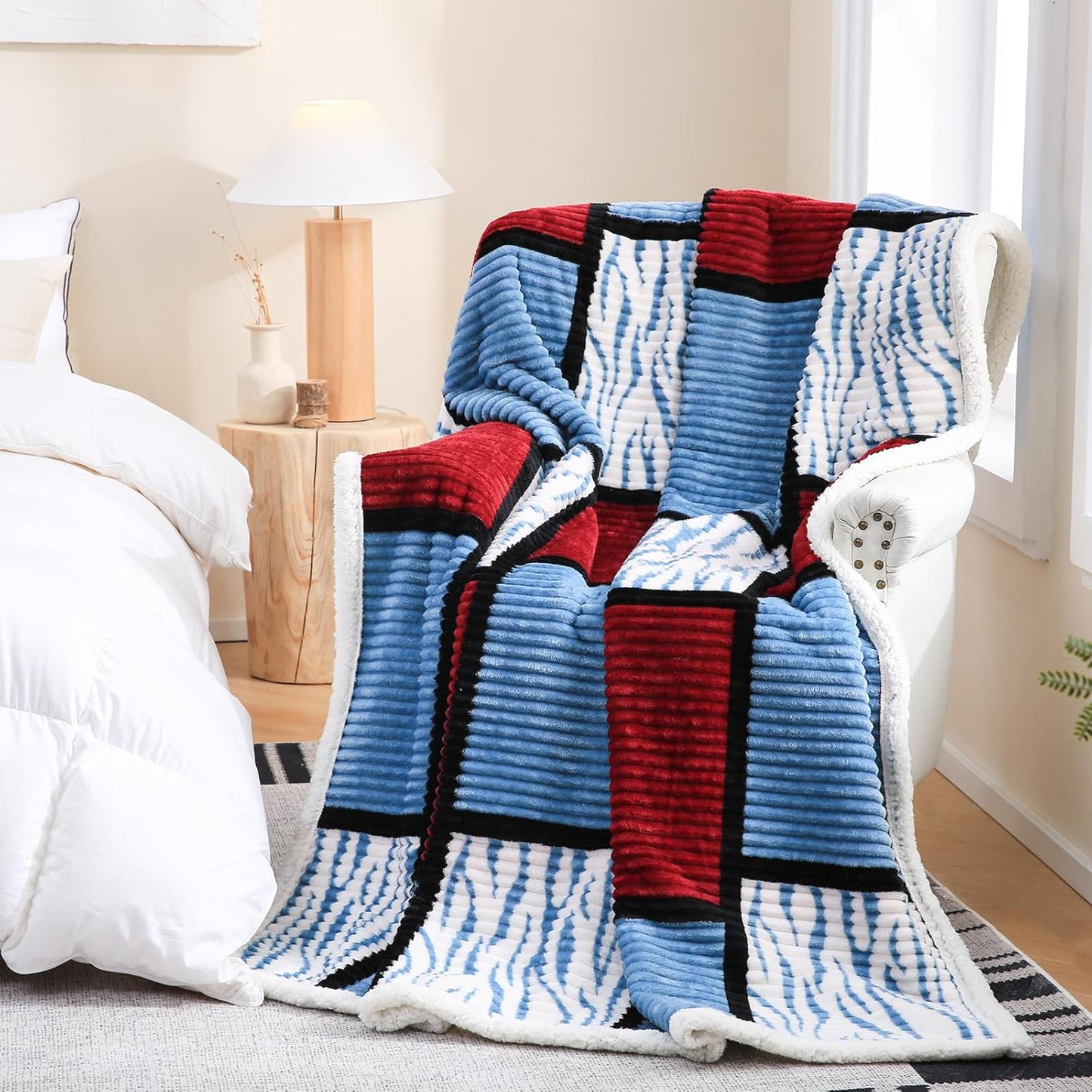 PU MEI Sherpa Blanket Fleece Throw Blanket Queen Plaid Thick Bed Blanket, Soft Warm Cozy Throw Blanket, 80”*90” Zebra-Wine Blue