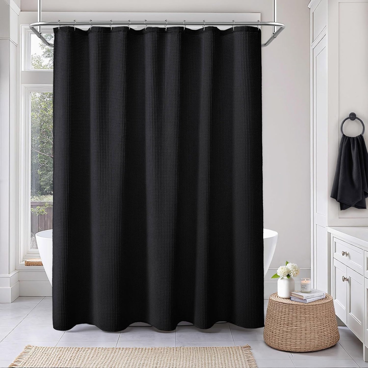 Waffle Weave Shower Curtain - Black Cotton Fabric Texture Heavyweight Shower Curtain for Bathroom,Washable,72Wx75L