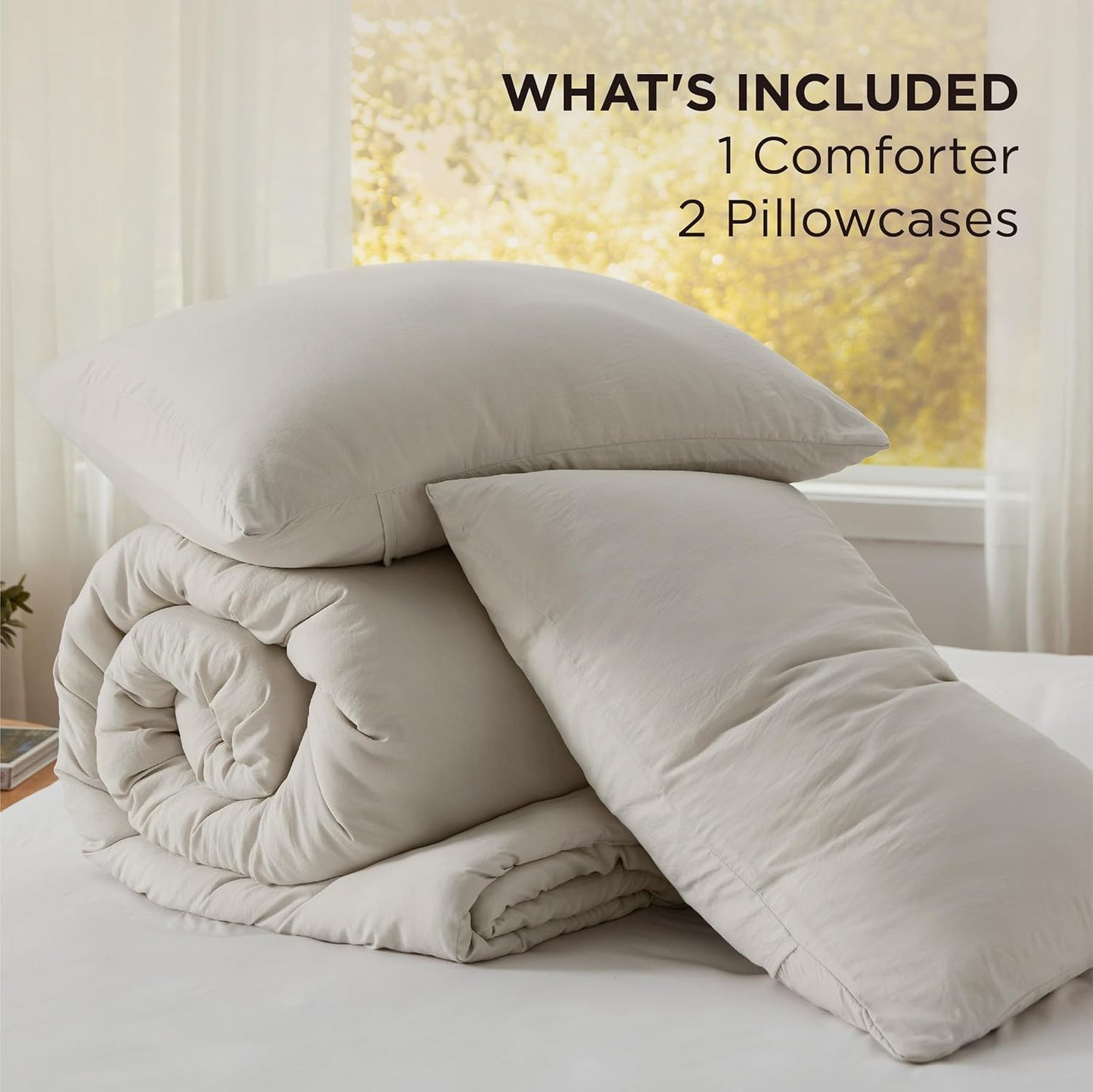 Bedsure California King Size Comforter Set, Beige Soft Prewashed Bedding for All Seasons, 3 Pieces GentleSoft™ Down Alternative Bed Set, 1 Lightweight Comforter (104"x96") and 2 Pillowcases (20"x36")