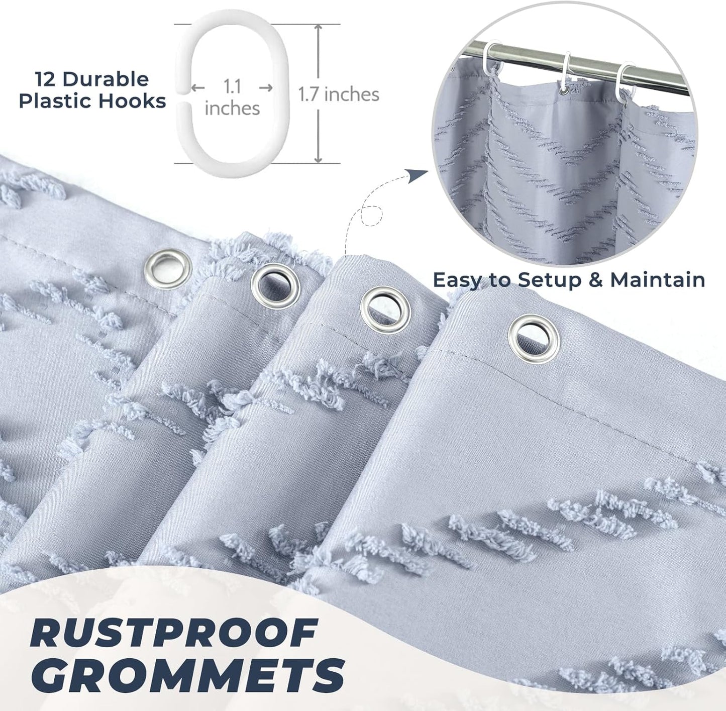 78inches Long Light Blue Boho Fabric Shower Curtain Tufted Chevron Striped Textured Cloth Curtains for Bathroom, Fog Blue