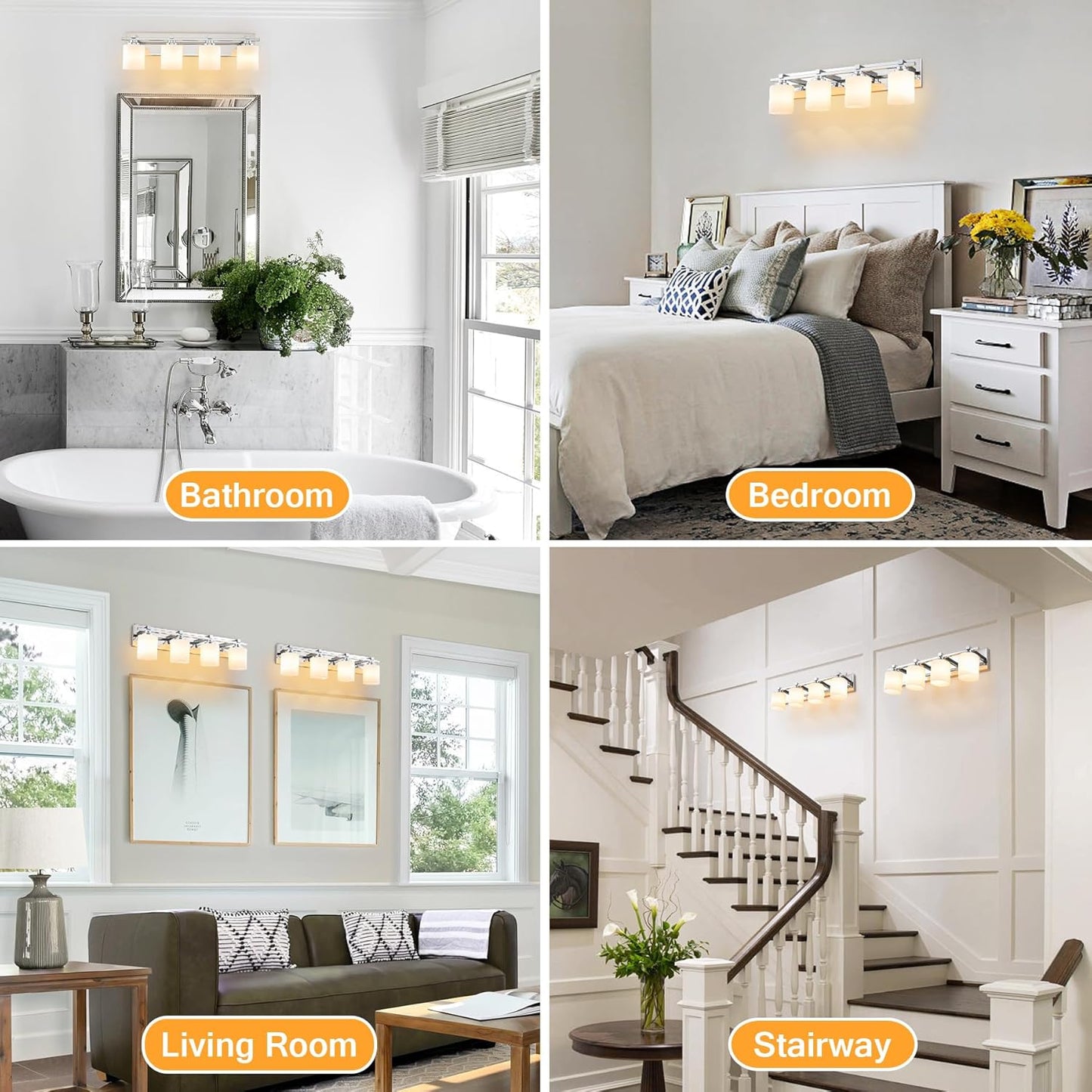 4 Light Modern Bathroom Light Fixtures Over Mirror, Chrome Vanity Lights for Bathroom Wall Sconces with Milky White Glass Shades, E26 Socket (Bulbs Not Included)